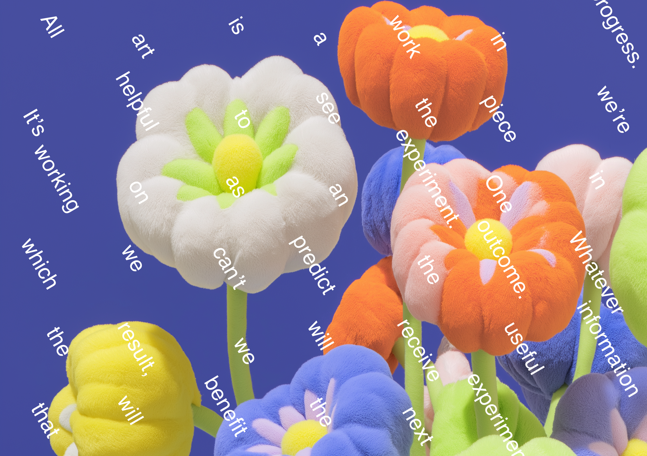 Colorful plush flower toys against a blue background with an overlaid text poem.