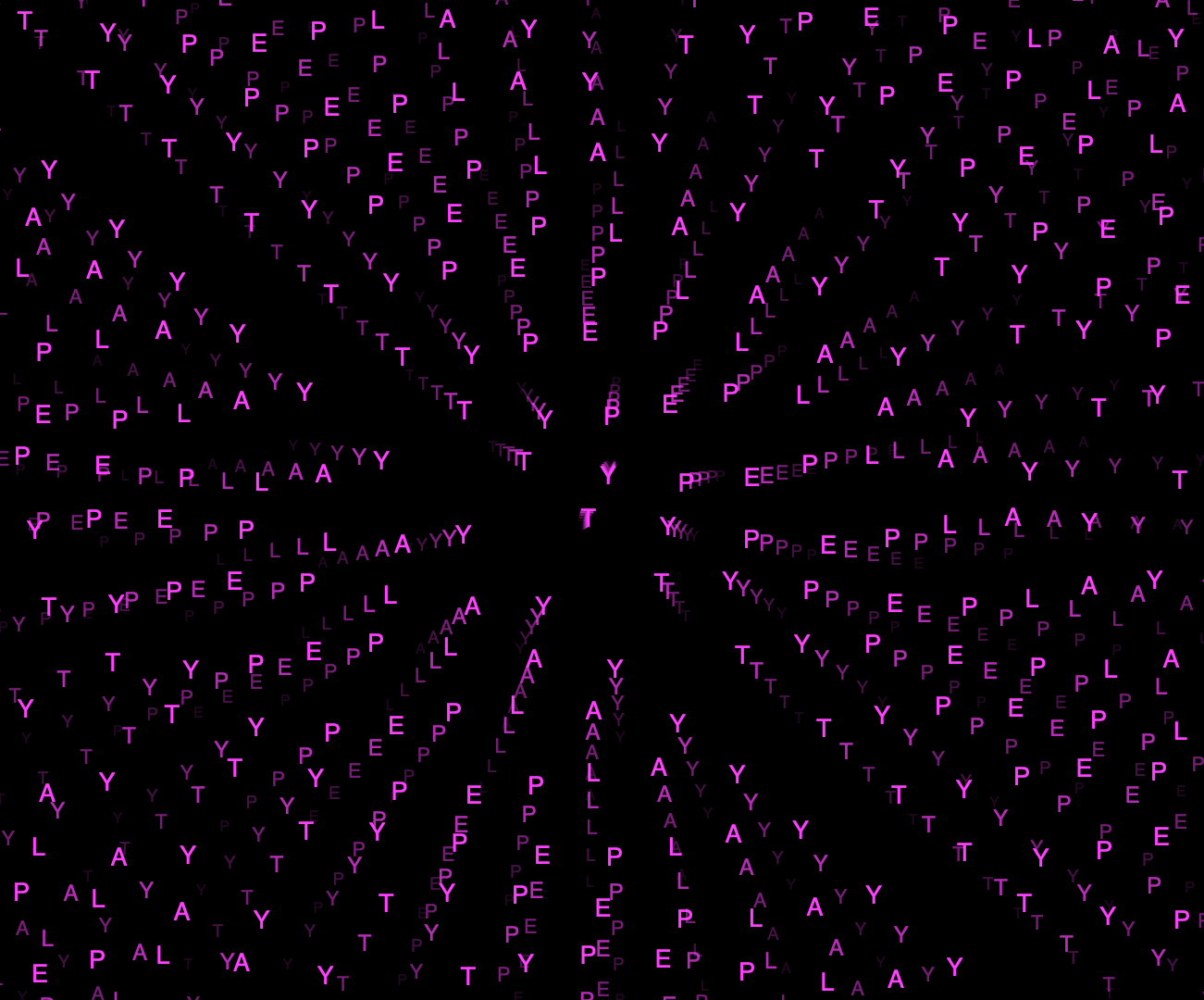 A digital art image of a pink and purple butterfly on a black background, created with random letters 'Y', 'P', 'E', 'L', 'A', and 'T' forming the shape.