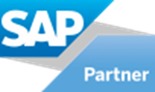 Logotipo de SAP Partner con fondo azul y gris.