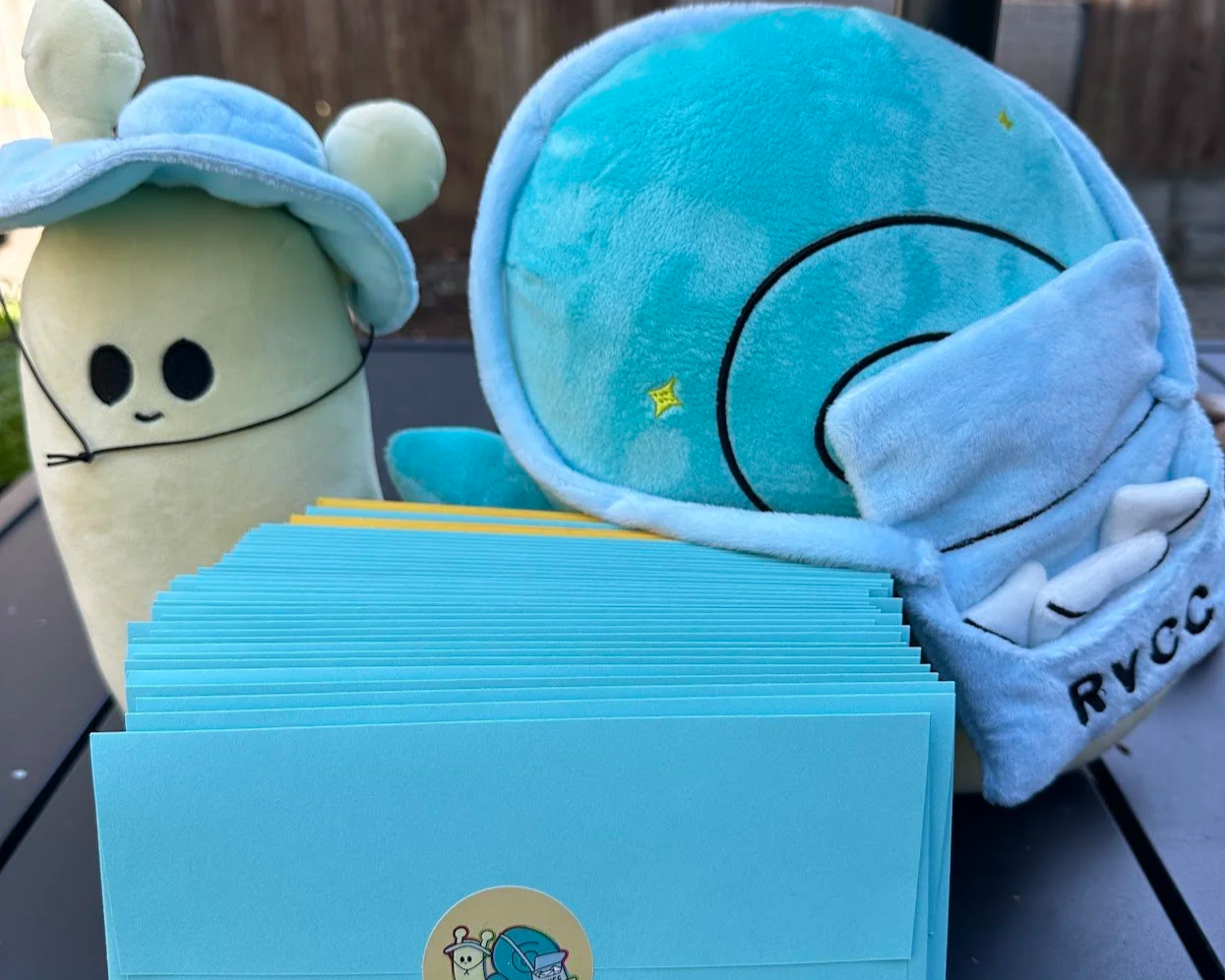 Plush toy of Kale the Snail carrying mail from RVCC. Includes blue envelopes for snail mail club members.