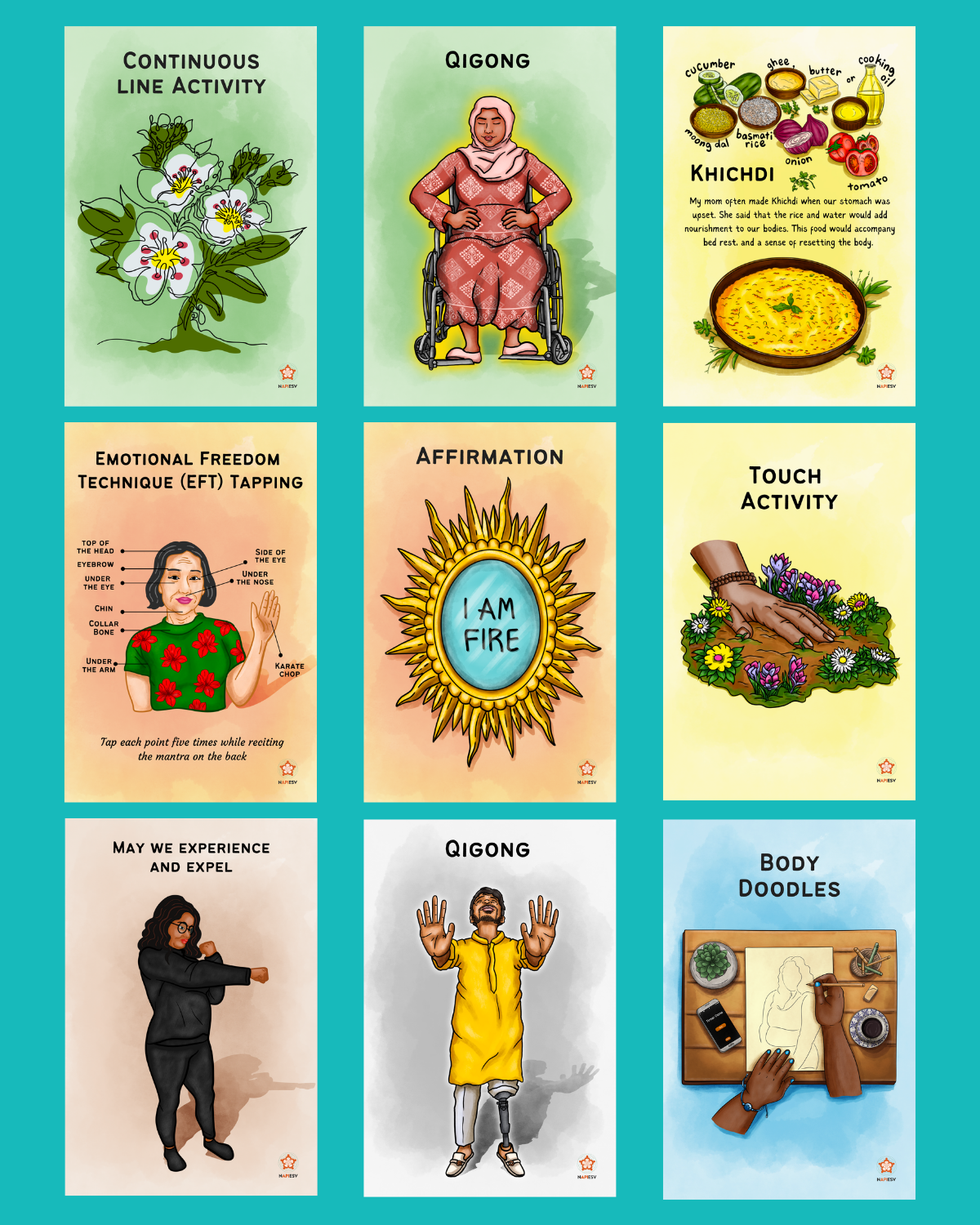 A collage of 9 cards featuring wellness activities tailored to the API community.