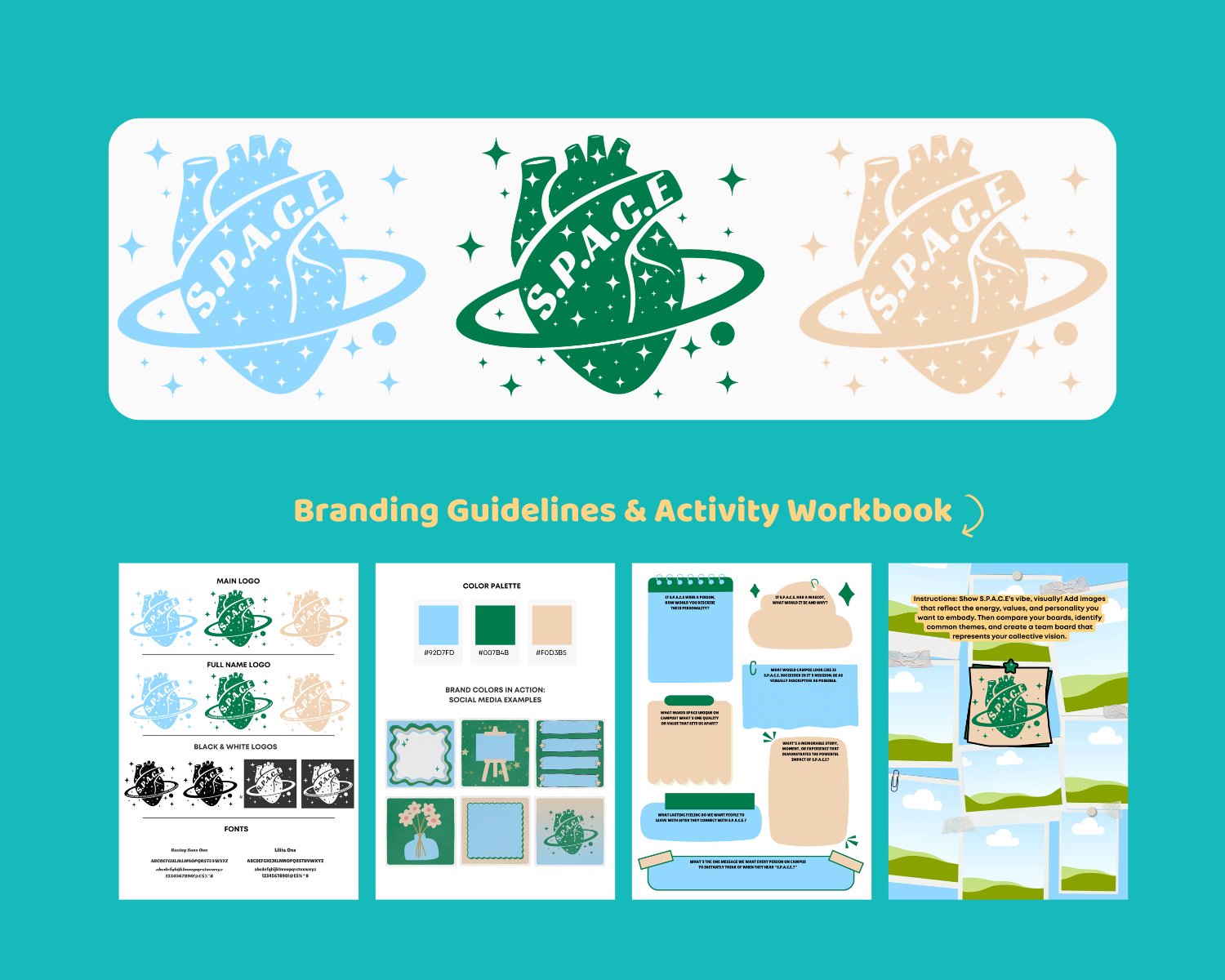 Design infographic for S.P.A.C.E branding guidelines and activity workbook, featuring logo variations, color palette, and visual activity examples.