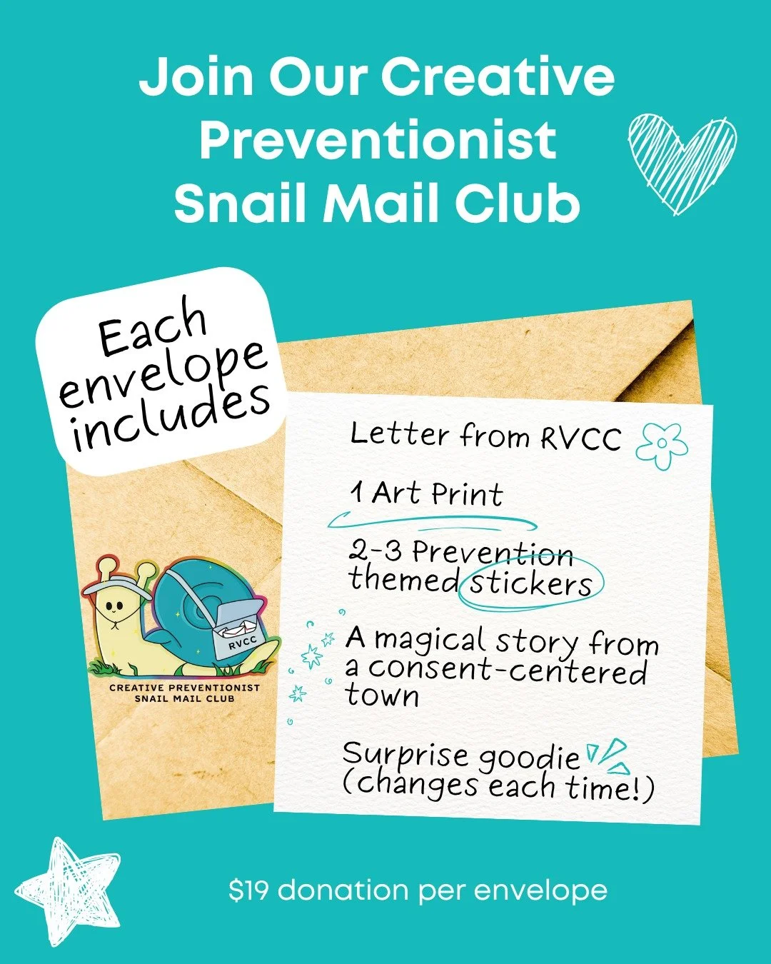 We're so excited to announce that our Creative Preventionist Snail Mail Club is finally here! Sign ups are now open for our December mail-out 🐌🥳. 

Gift yourself, your prevention team, or friend, the magic of snail mail 💌. Perfect for preventionis