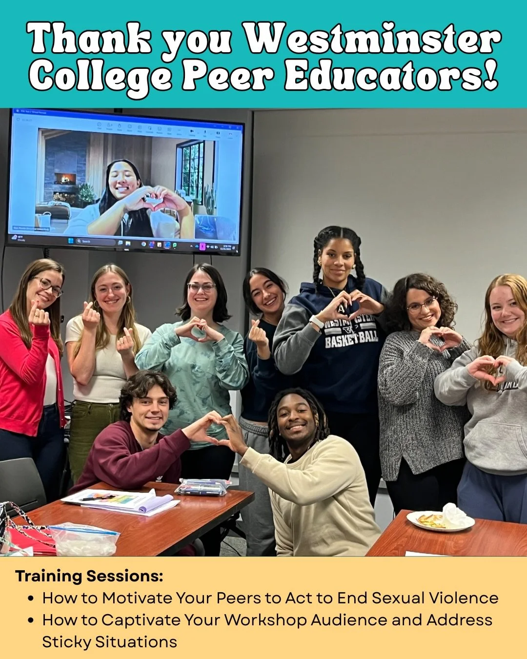 We had so much fun collaborating with the @wellnesscenterwc peer educators, sharing tools they can use in their prevention work, and hearing all their great ideas for campus outreach and programming!