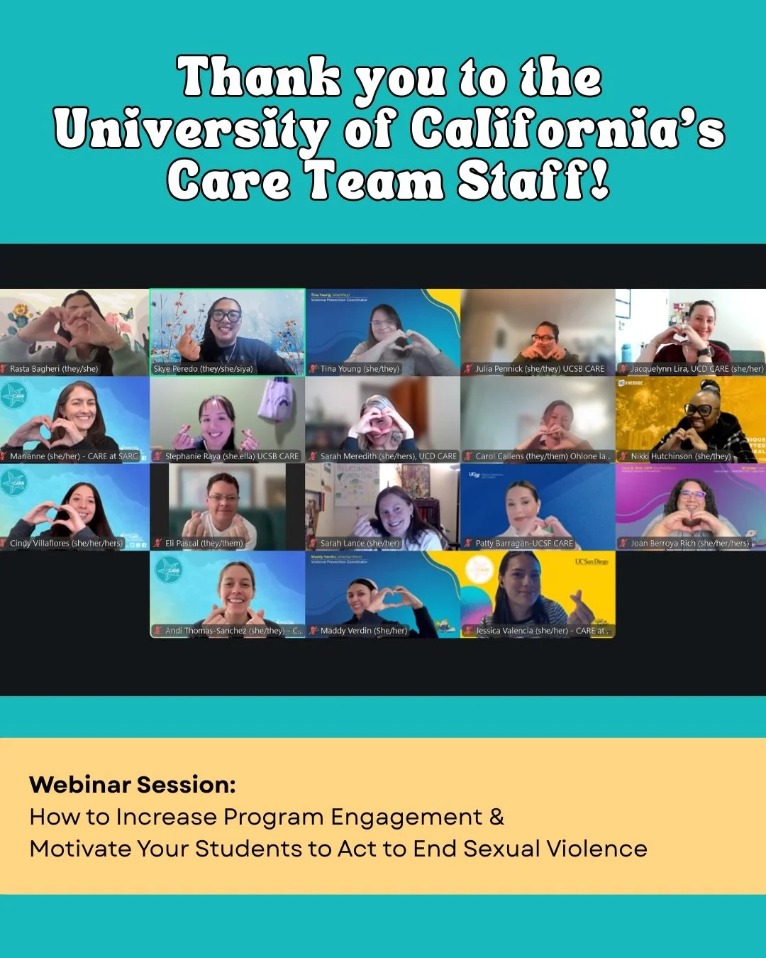 We had a wonderful time with preventionists and advocates from University of California campuses. Always fun brainstorming ways to increase program engagement ✨.