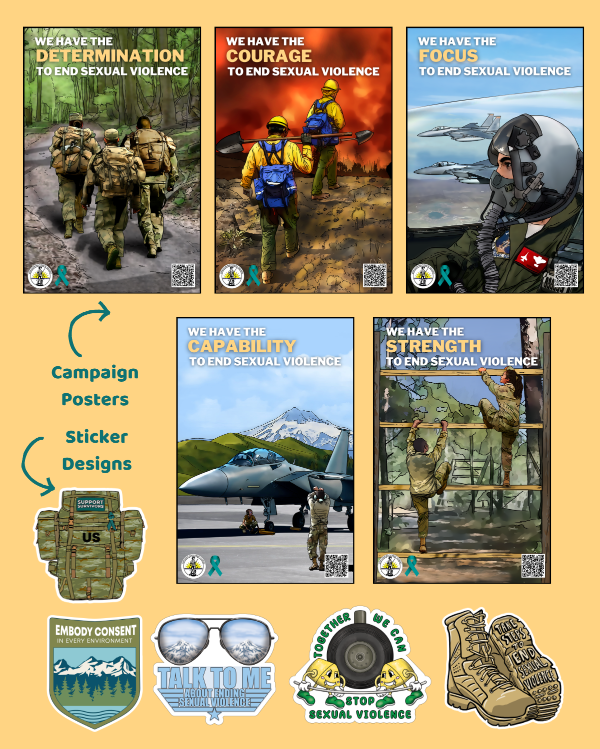 Graphic featuring materials from a SAAM campaign for the Oregon Army National Guard. Includes 5 SAAM posters and 5 stickers with messages about vioelnce prevention.
