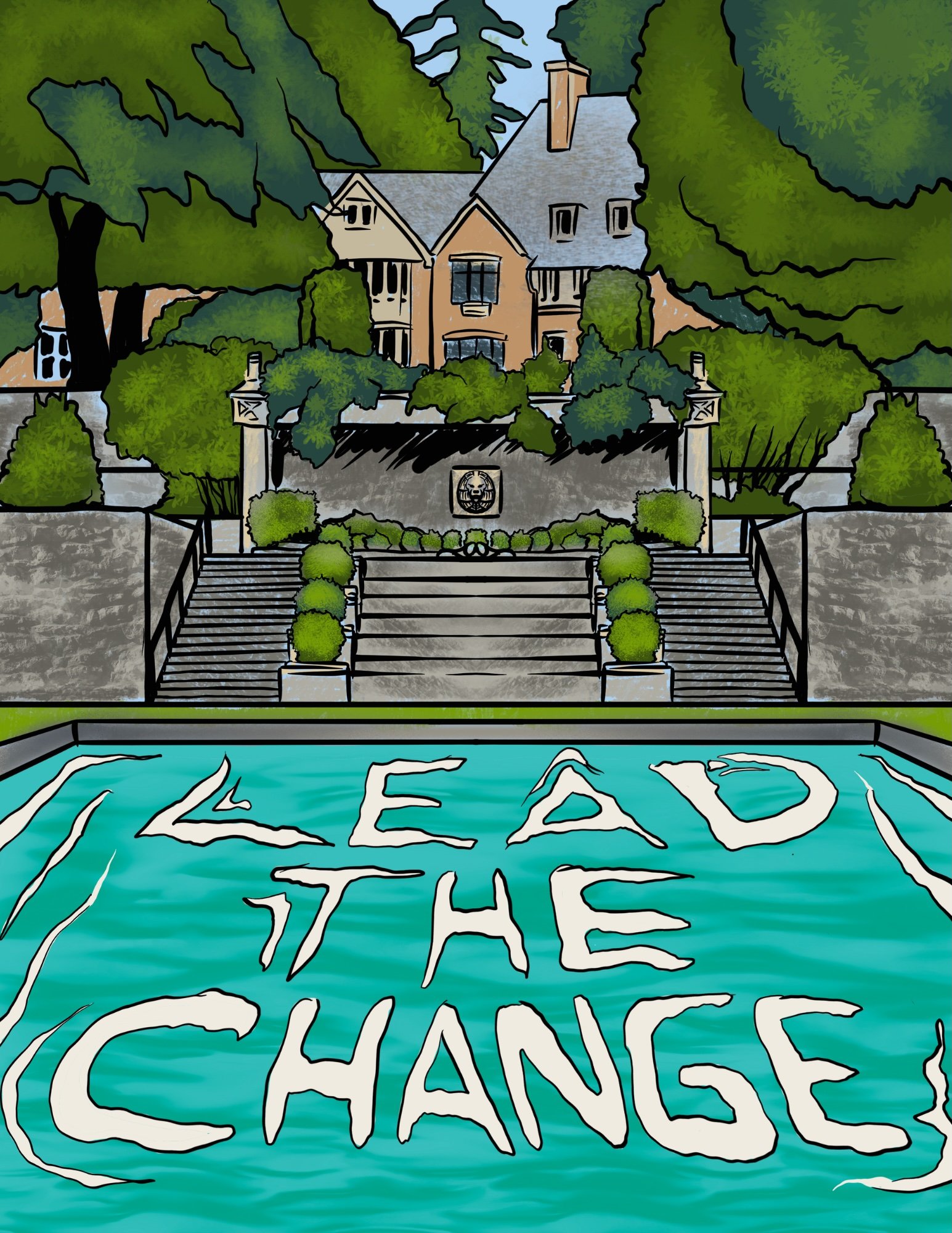 A watercolor-style illustration of a building at Lewis & Clark University with a large body of water outside it that features the text "Lead the Change"