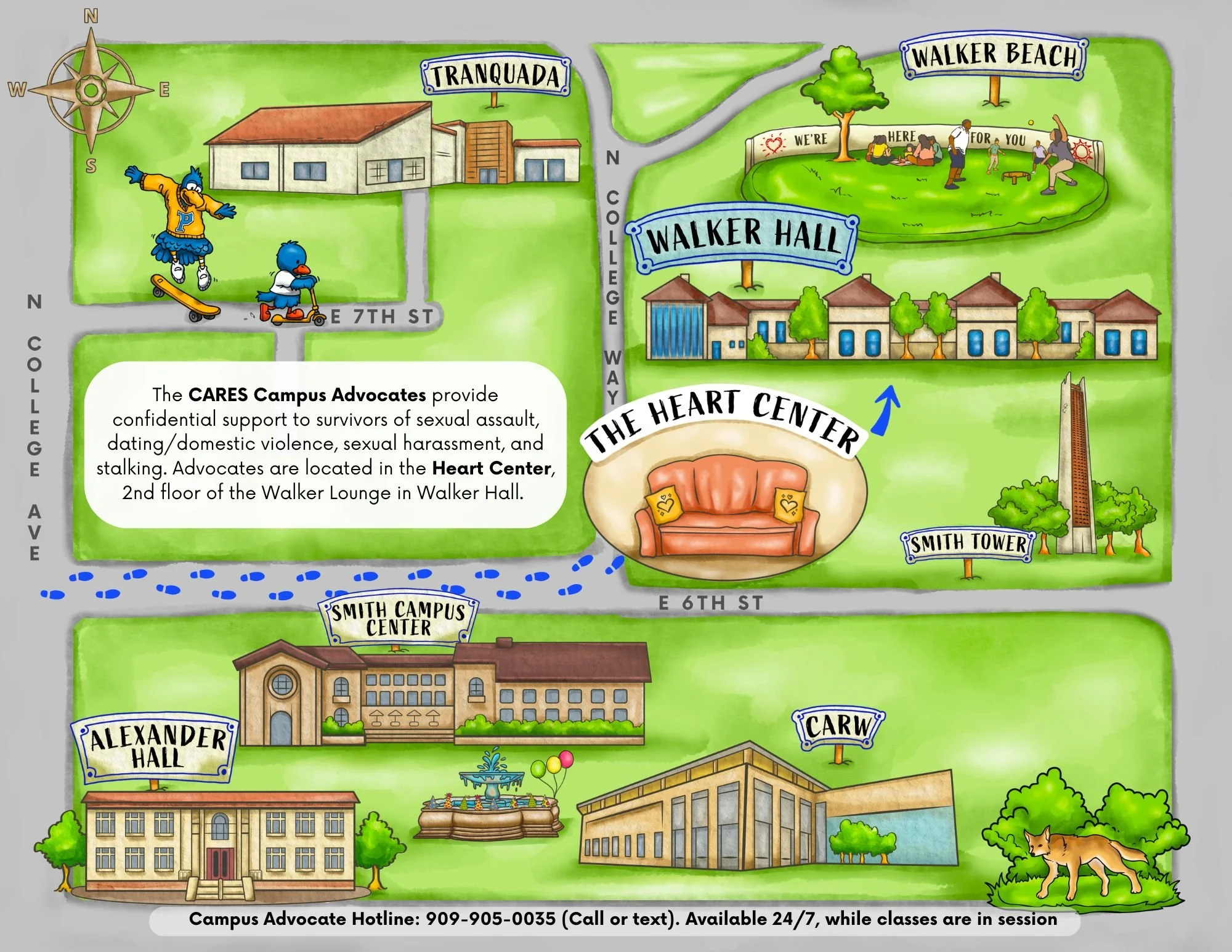 A colorful illustrated map showing various buildings and landmarks on a college campus, including Walker Hall, Walker Beach, the Heart Center, Alexander Hall, and Smith Tower, along with surrounding greenery, pathways, and a fountain.