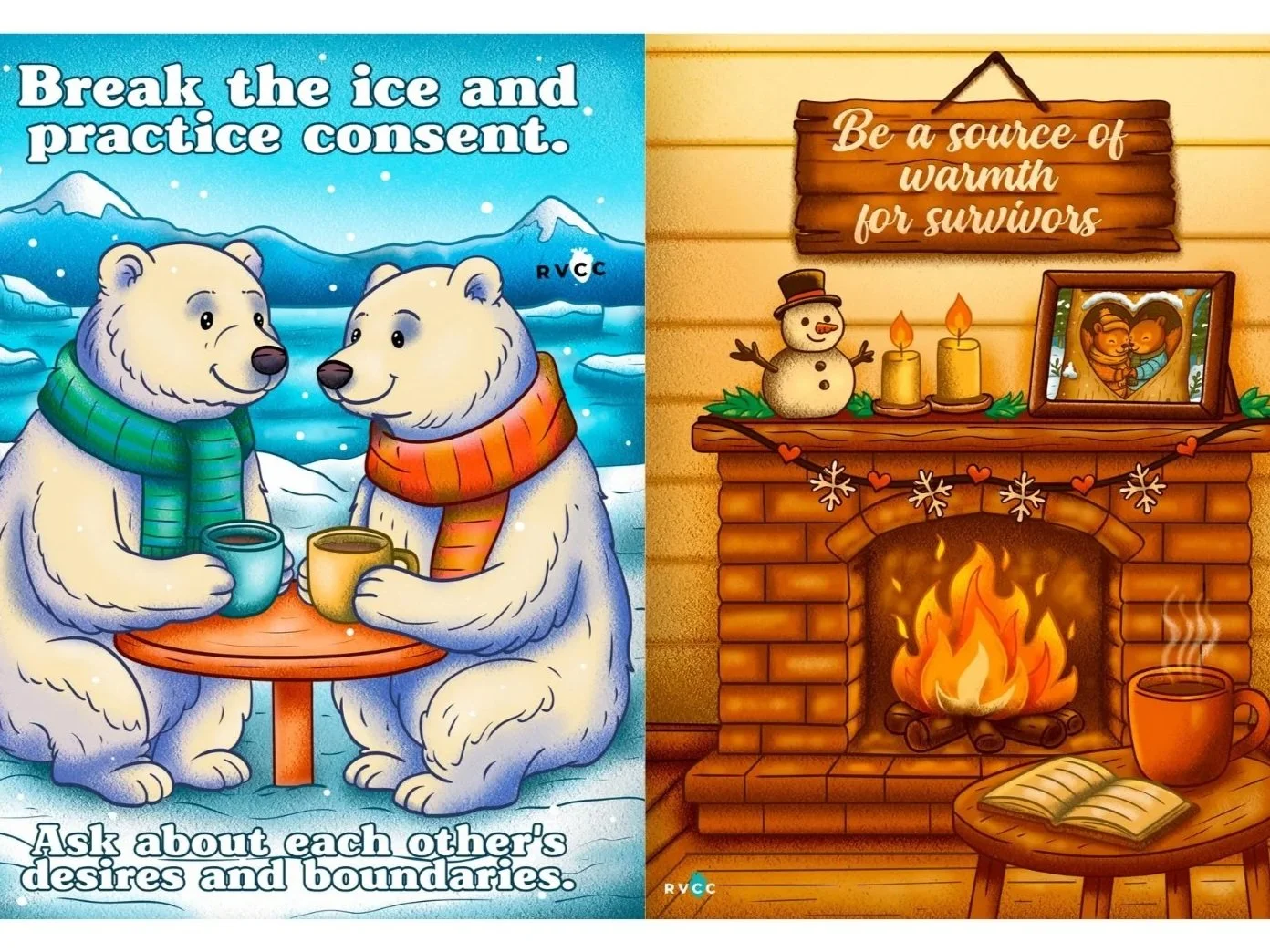 Side-by-side illustrations: Left shows two polar bears in scarves sharing hot drinks in a snowy icy landscape with mountains. Right shows a cozy fireplace with a snowman, candles, a framed photo of animal pairs, a mug of hot beverage, and an open book. Text encourages warmth and connection.