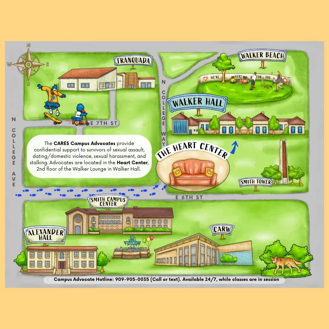 Illustrated campus map featuring Walker Hall, the Heart Center, Smith Campus Center, Alexander Hall, and other locations. Includes students skateboarding, a beach, a text for CARES Campus Advocates offering support for survivors of sexual assault, with contact details for the hotline.