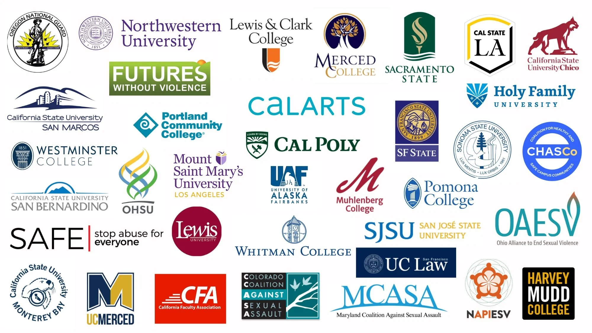 A collage of logos from various universities, organizations, and advocacy groups, including Northwestern University, Lewis & Clark College, California State University, Holy Family University, Portland Community College, Cal Poly, San Francisco State University, UC Law, and others, promoting educational institutions and social causes.