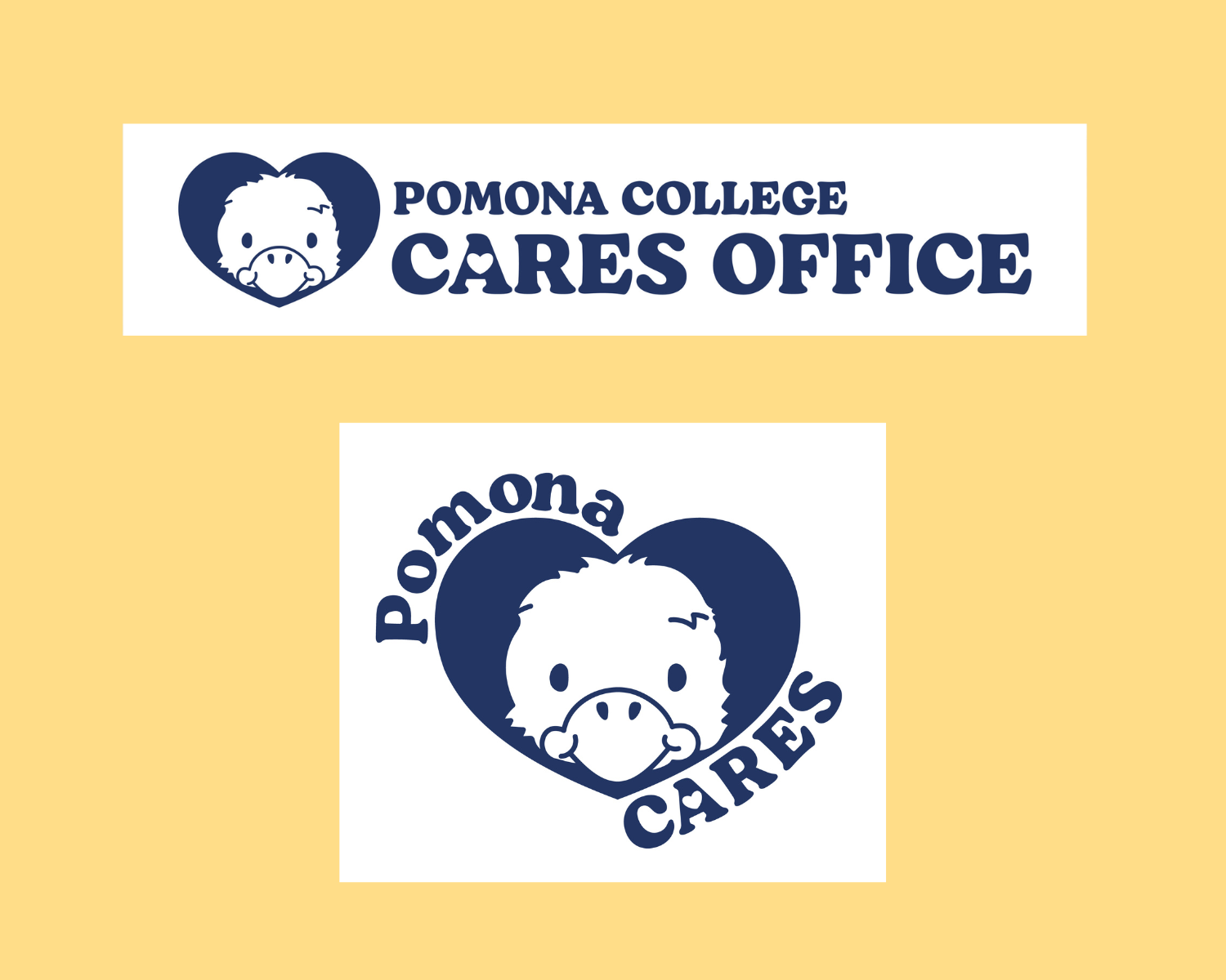 Logo for Pomona College Cares Office featuring a cartoon duck face within a heart shape, in navy blue on a white background.