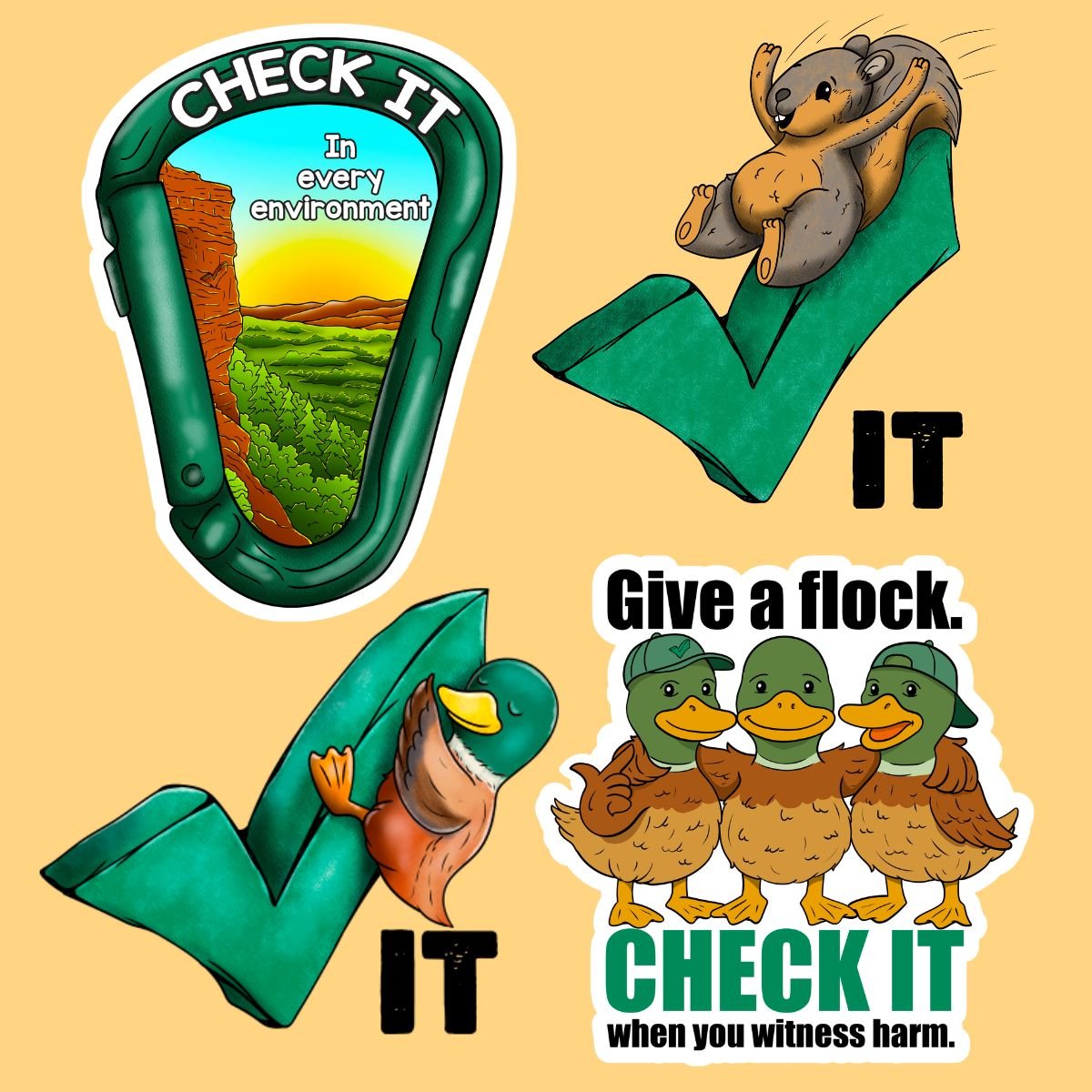4 stickers, one featuring a natural landscape with the words CHECK IT in every environment. Two checkmark stickers, one with a duck and one with a squirrel. The last sticker features 3 ducks with the text: Give a flock. CHECK IT.
