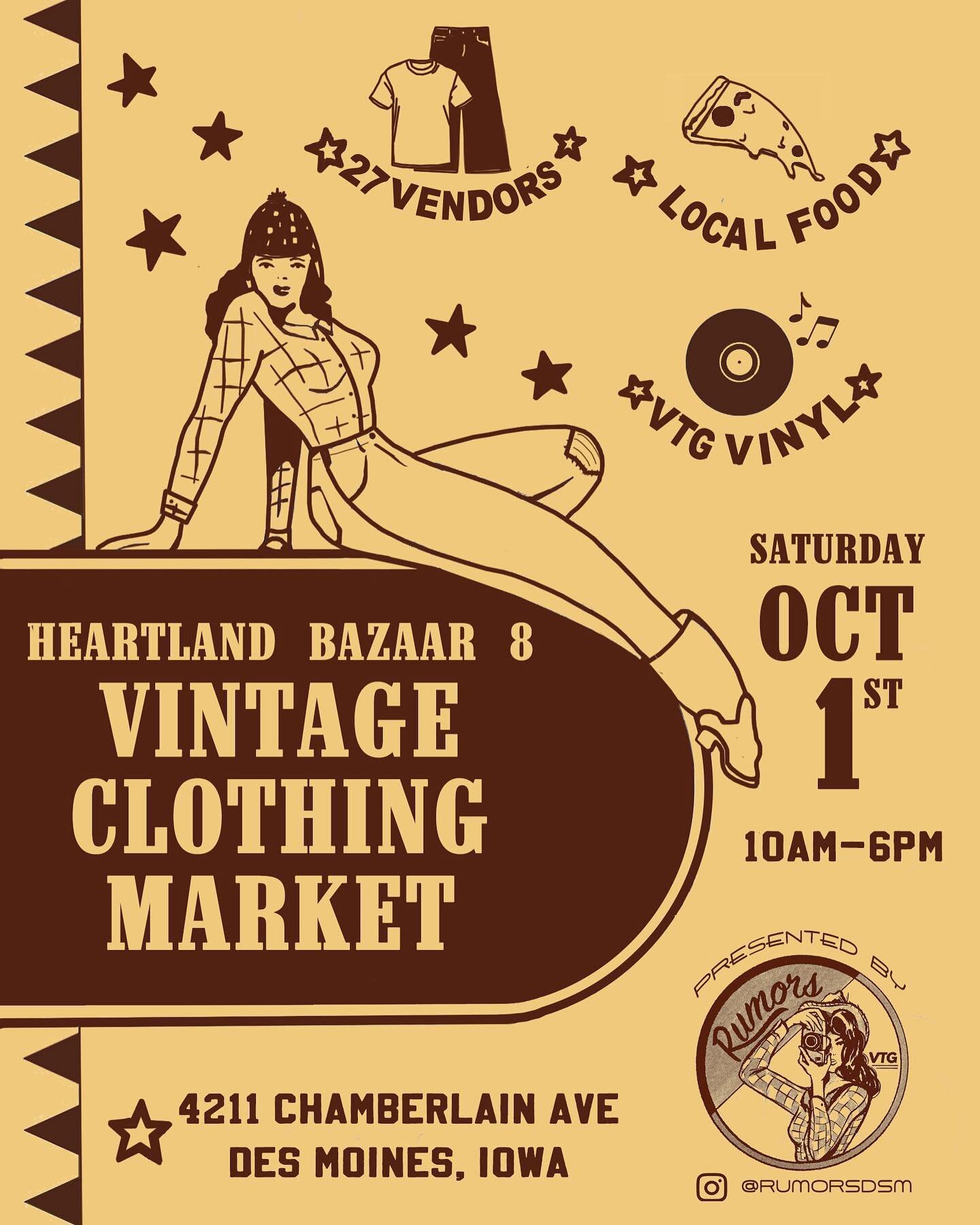 🚨One week left to apply! 🚨On September 1st we will be announcing our lineup so if you&rsquo;d like a shot at vending make sure to get that app in! Heartland Bazaar is an ALL-clothing vintage market. For more info and the application, head to our we