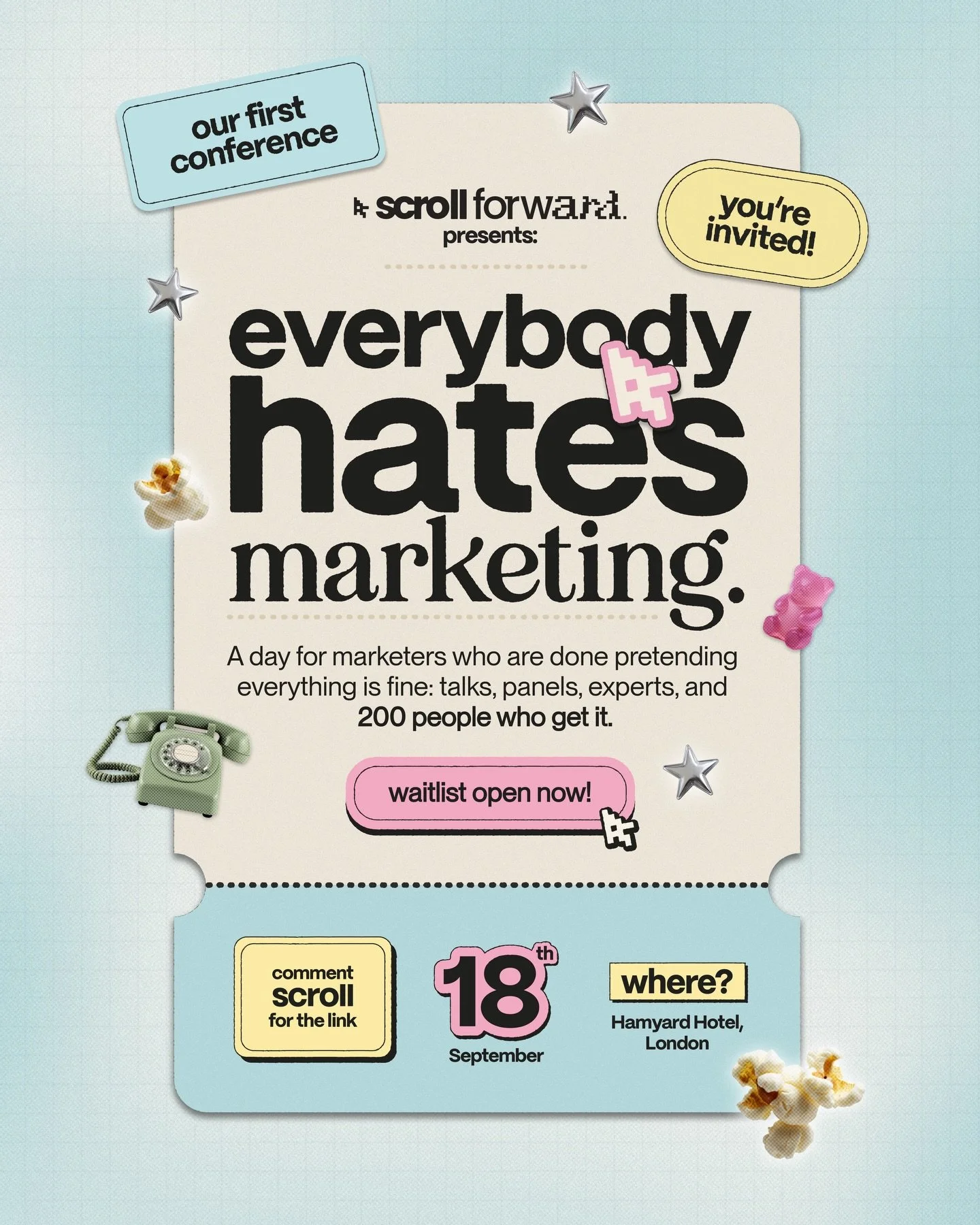 our first *ever* conference is officially happening and I can&rsquo;t keep it in any longer 🍿✨🎤🤫🎟️💫👀

meet @scrollfwd: a full day conference for the people who are in the trenches every single day, built around one theme: everybody hates market