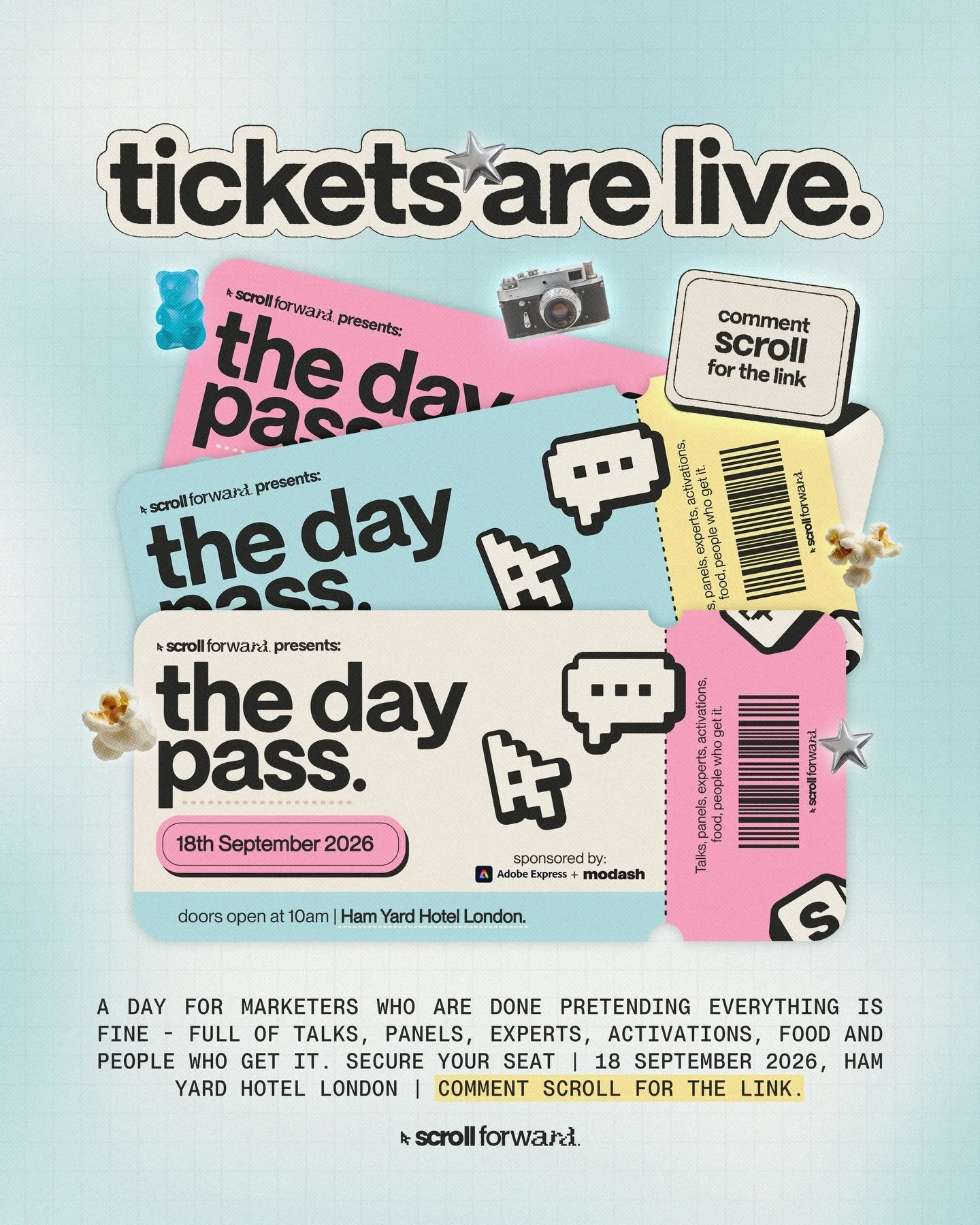 you&rsquo;re officially invited to Scroll Forward 2026, brought to you by Modash and @adobeexpress 🎟️🍿✨🎤💫

this is really happening - Pretty Little Marketer&rsquo;s first ever conference and you can get your hands on a ticket *right now !!!

Sept