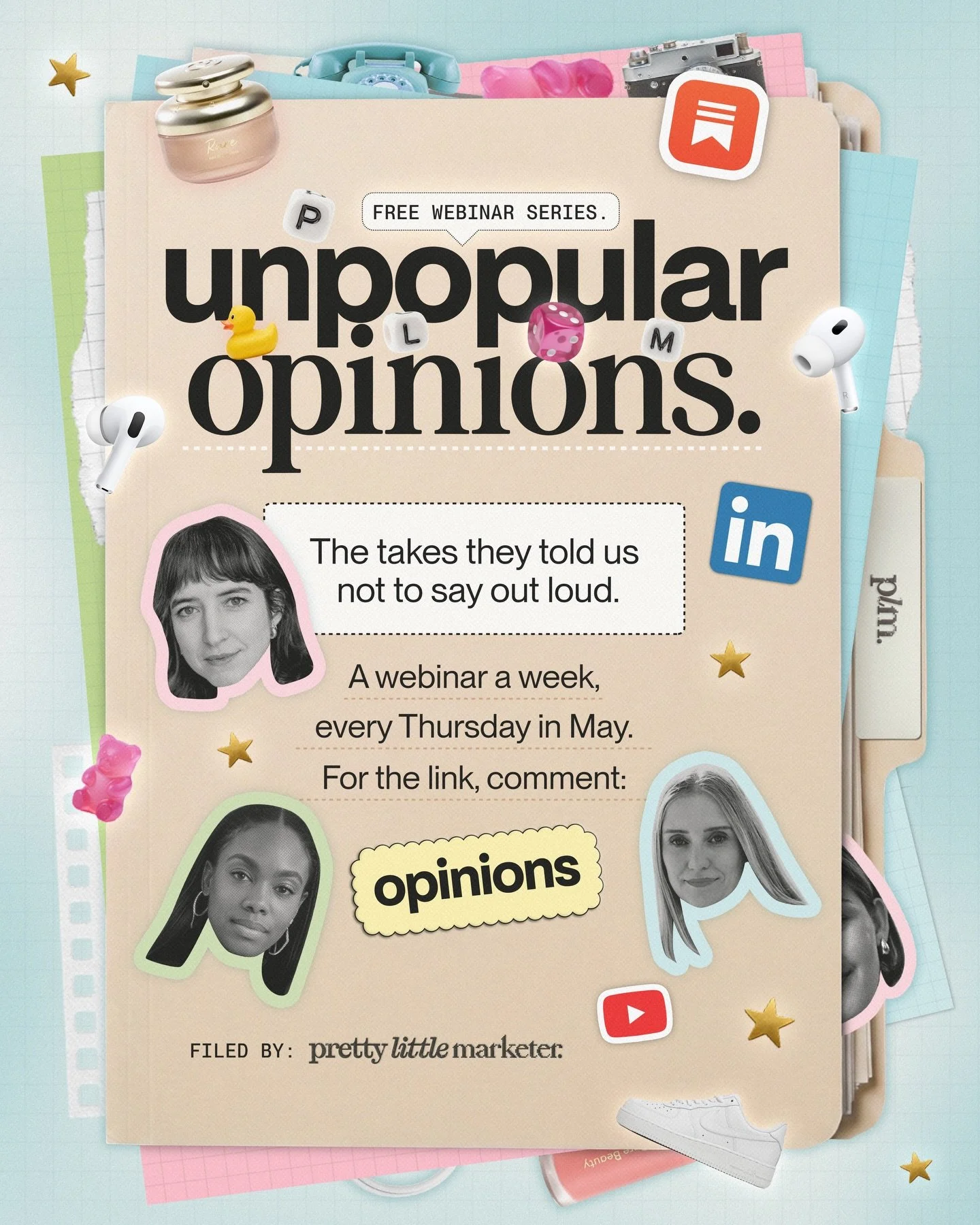 four free webinars, four spicy takes, four sets of speakers brave enough to say what most people in marketing are still tiptoeing around 👀✨🌶️🤫

join me every Thursday in May where I&rsquo;ll be interviewing some of marketing&rsquo;s best on the ta