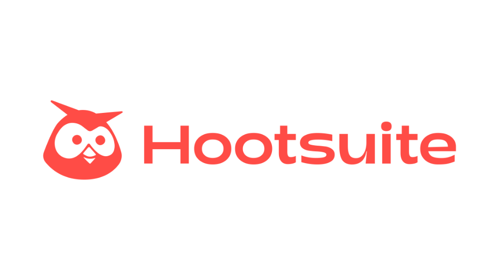 Hootsuite logo featuring a stylized owl face with red and white colors and the word 'Hootsuite' written in red.
