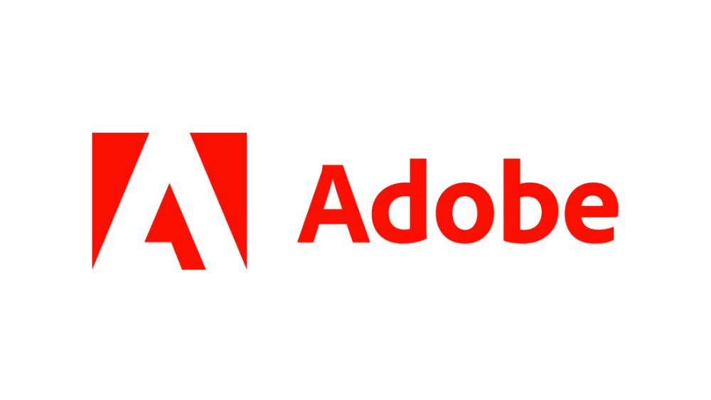 Adobe logo with a stylized red 'A' icon and red text 'Adobe' on a black background.
