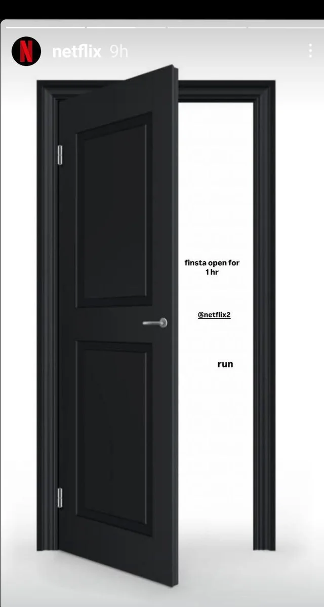 Screenshot of an Instagram story, showing a partially open door and text reading 'finsta open for 1hr, @netflix2, run'