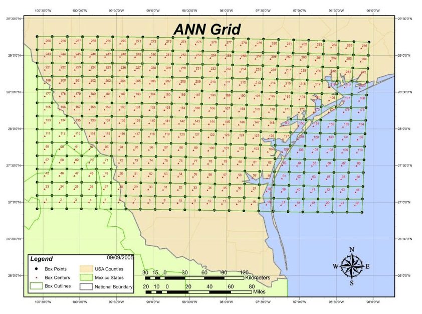   Map of the model test area; a set of 20 km X 20 km boxes covering most of South Texas  