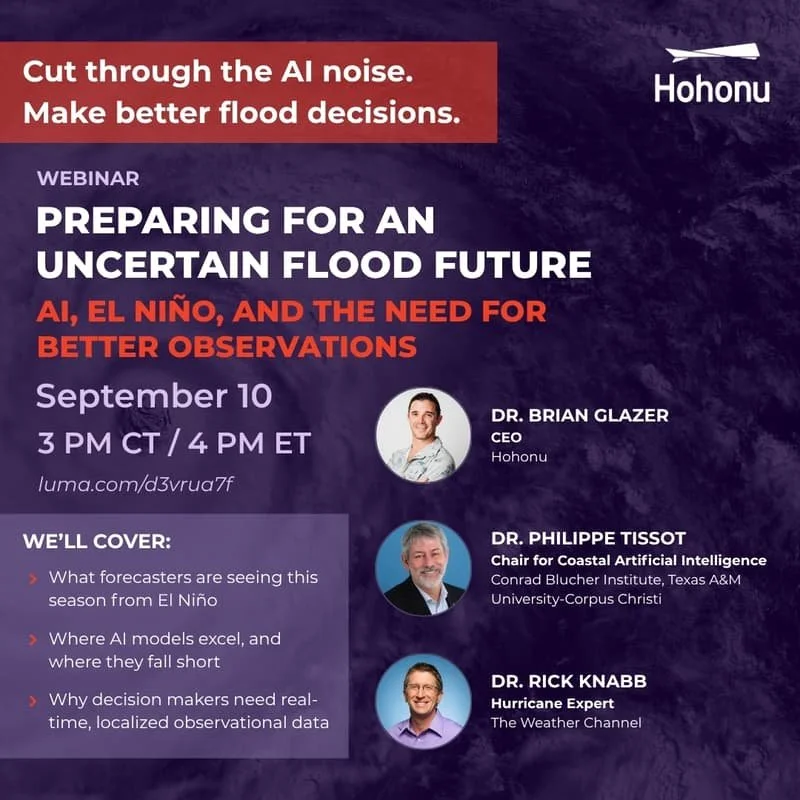 Flyer for September 10th's Honohu Webinar, “Preparing for an Uncertain Flood Future: AI, El Niño, and the Need for Better Observations”