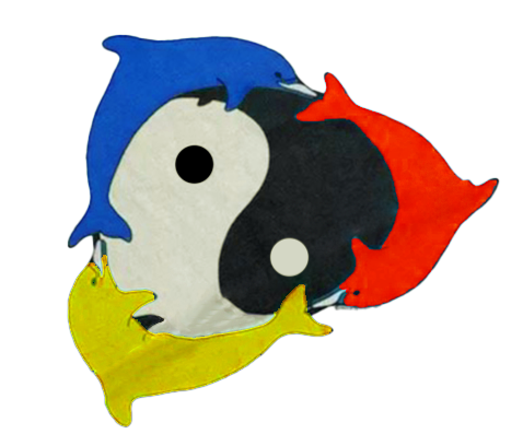 dolphins arranged in a circle around a yin yang, each a different color: blue, red, yellow, and black and white.