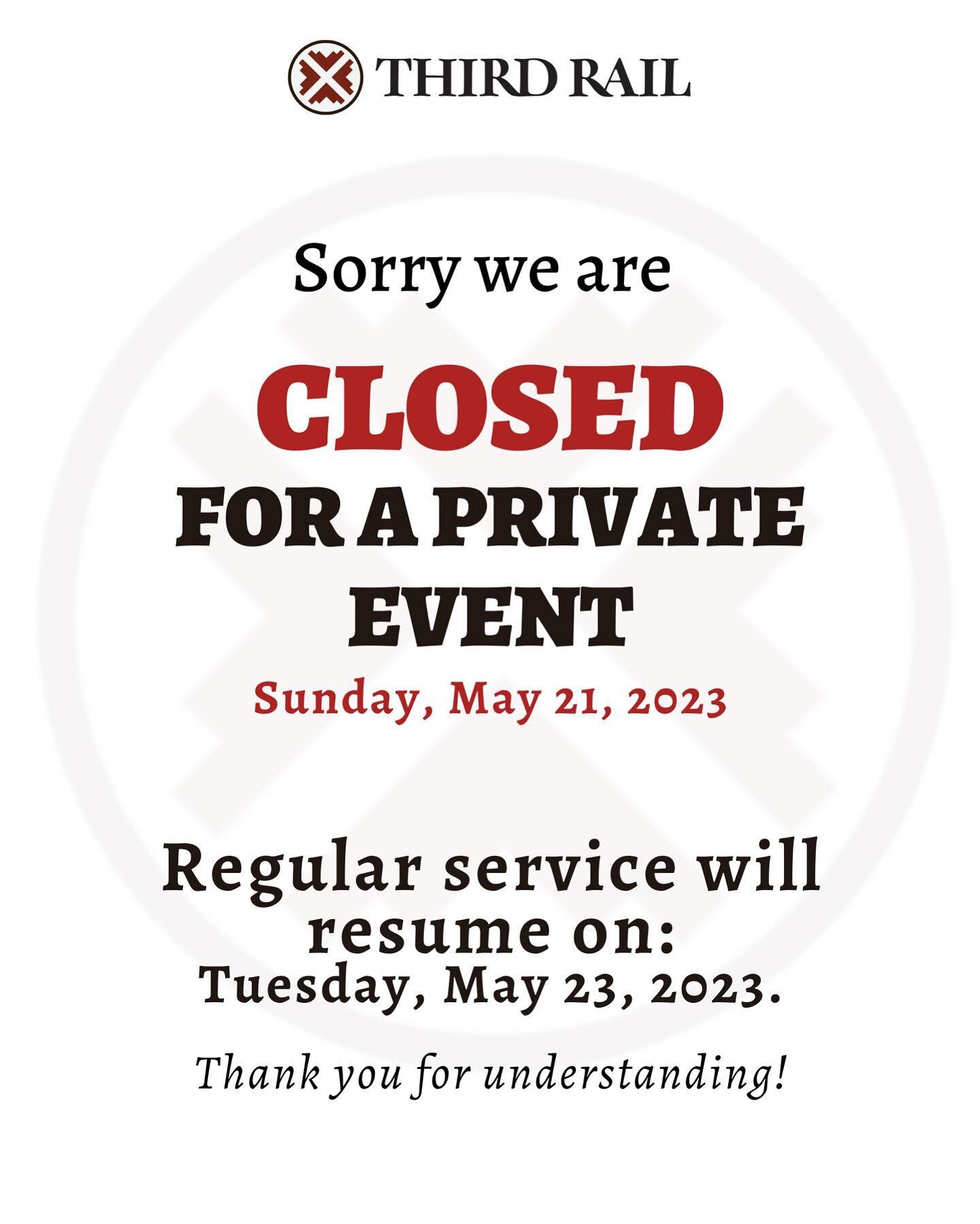 We will be closed today, Sunday, May 21st for a staff event. 

We&rsquo;ll be back on Tuesday, May 23rd for our regular hours from 4pm - 11pm.

Thank you for understanding, see you again soon! 😊

#ThirdRailBar #Dogpatch