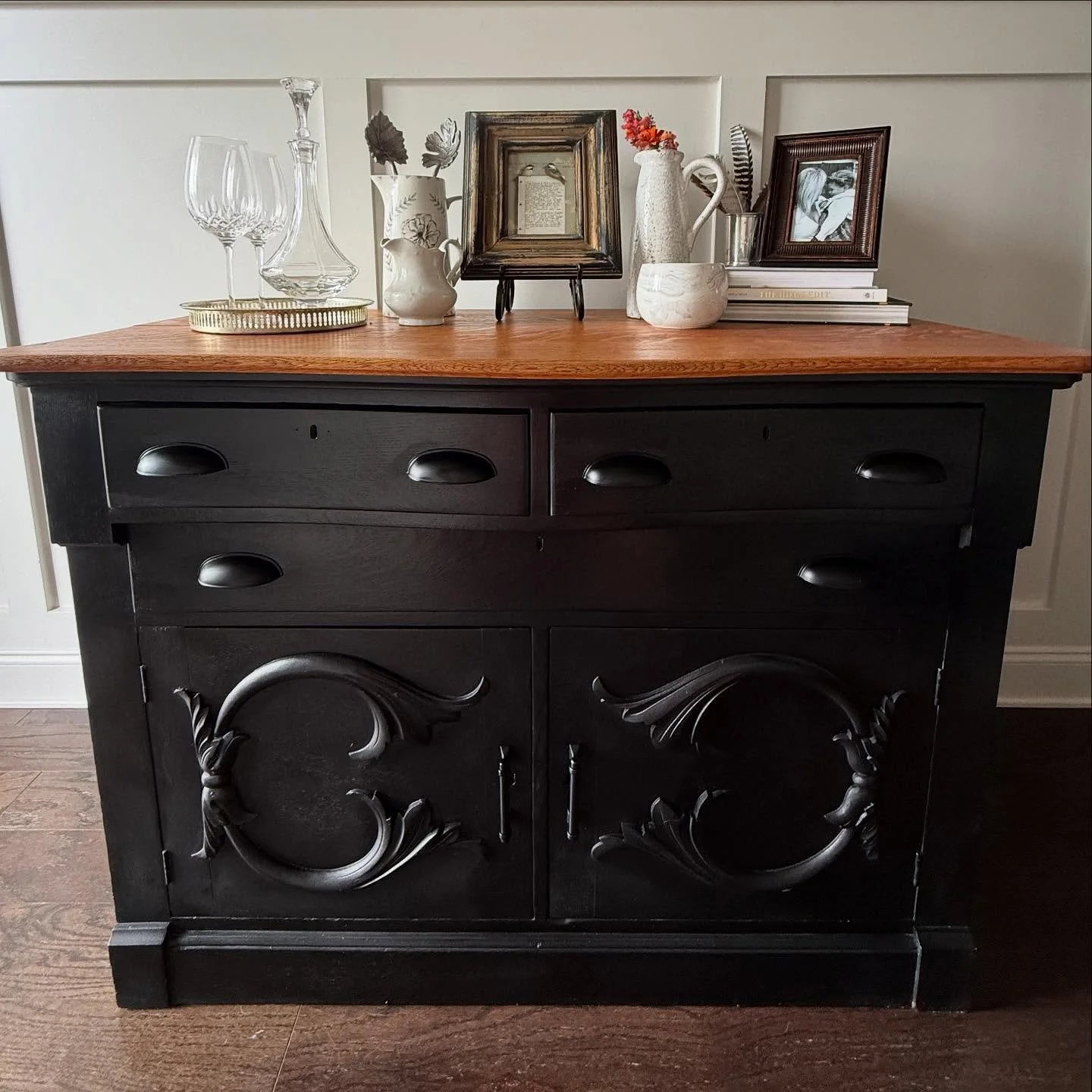 [ S O L D ]
///Antique Black Sideboard / Buffet with Tiger Oak Top///
Dimensions: 49.5&rdquo; W &times; 24.5&rdquo; D &times; 36&rdquo; H

This stunning antique sideboard has been beautifully refinished in a rich matte black with a striking tiger oak