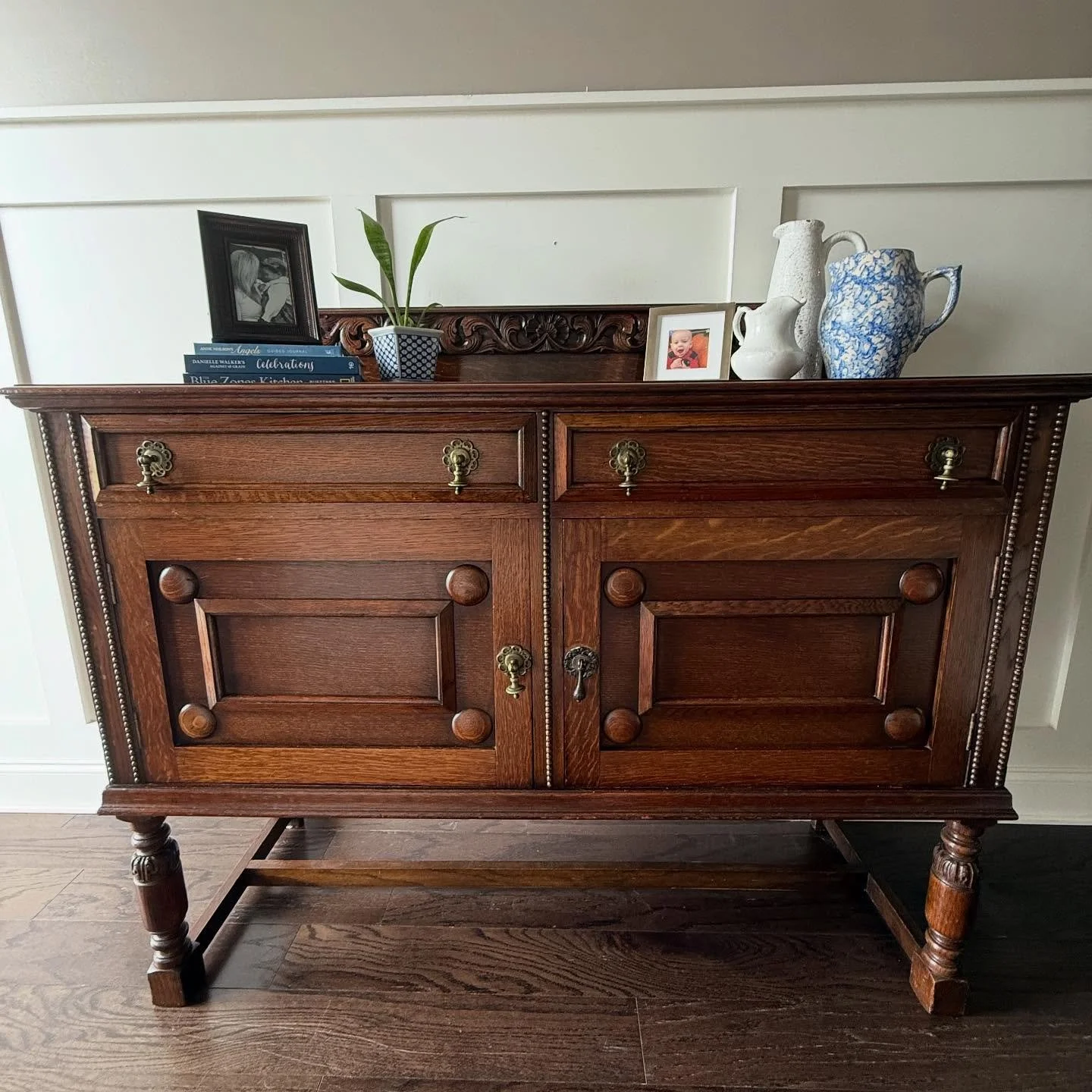 [ S O L D ]
Antique Oak Sideboard / Buffet &ndash; Jacobean Revival Style
Dimensions: W 54&rdquo; x D 20&rdquo; x H 46&rdquo;

This sideboard is perfect for use in a dining room, entryway, or as a statement piece in any home. A wonderful example of e