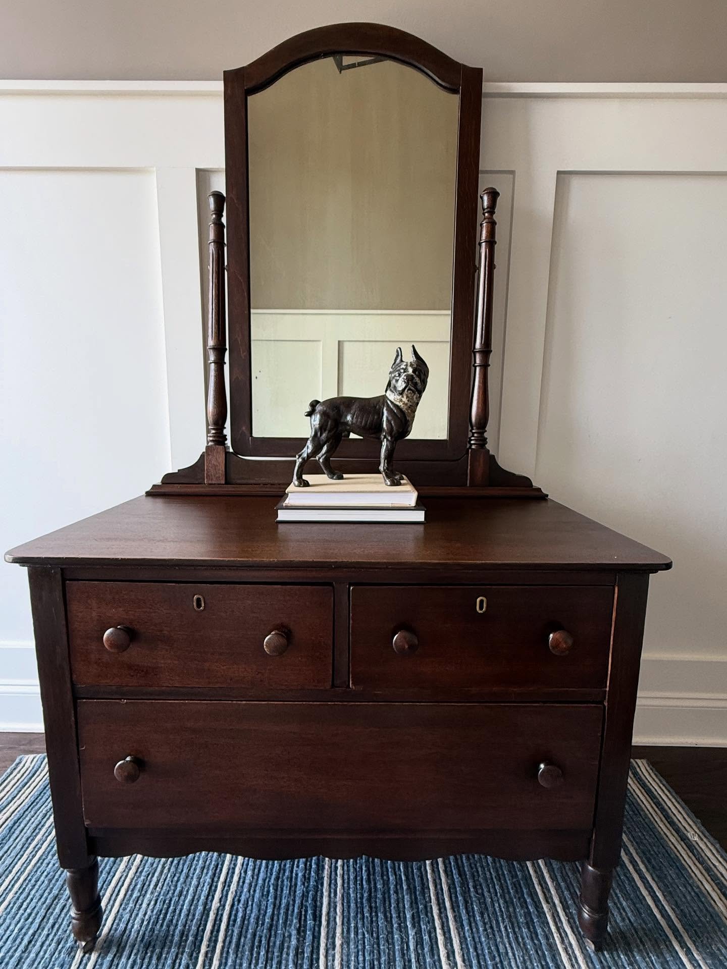[ S O L D ]

/// Antique Wooden Dresser with Mirror /// &ndash; 35&rdquo; x 19&rdquo; x 63&rdquo;

Beautiful antique dresser featuring rich dark wood, original round knobs, and a sturdy attached mirror with elegant turned side posts. This timeless pi