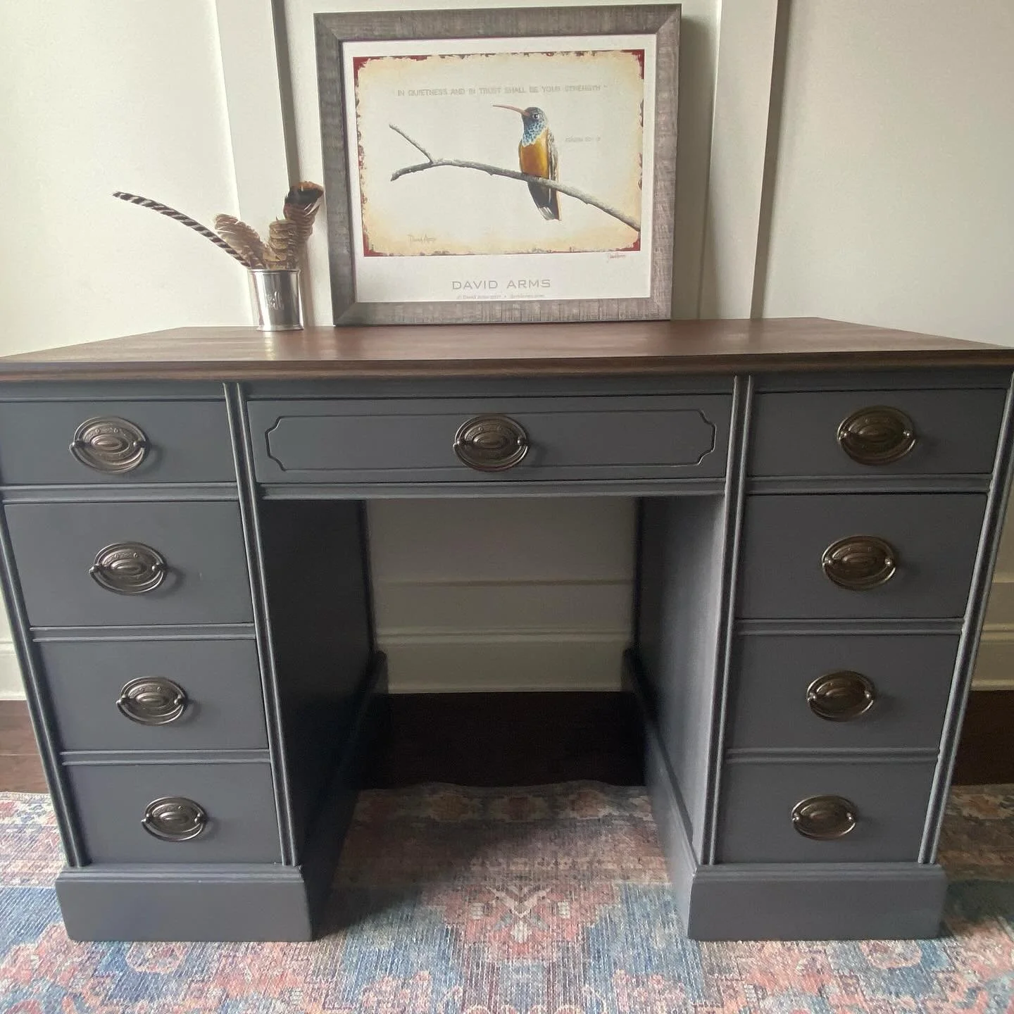 /// S O L D ///

Solid Wood Desk 

This desk brings rustic elegance and extra storage to your home office. Crafted from solid wood, it features a charcoal base and dark stain top finish that complements a variety of decor styles from traditional to f