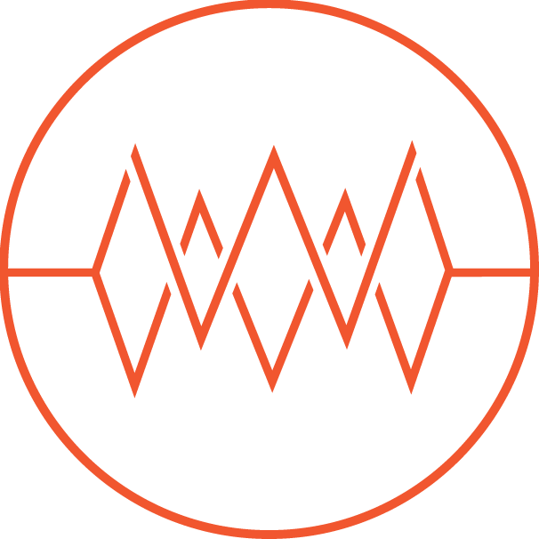 A circular logo with an outer red ring, featuring a stylized zigzag line pattern in red across the center.