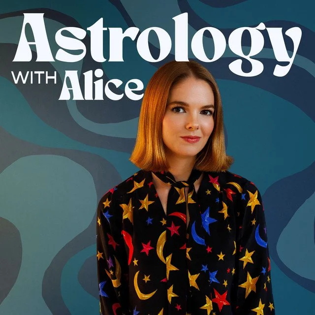 A woman with shoulder-length red hair wearing a black blouse with colorful star and moon patterns, standing in front of a blue abstract background with the text 'Astrology with Alice'
