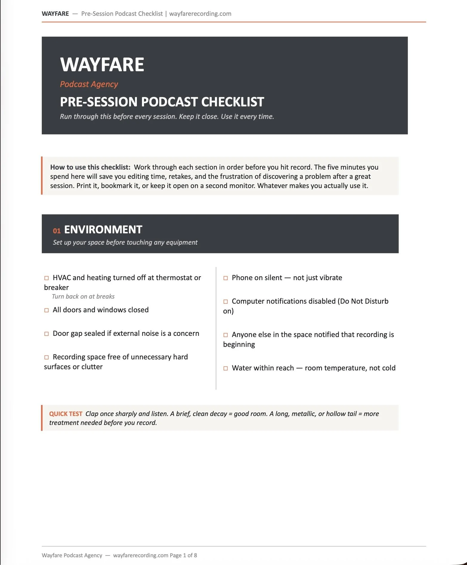 A checklist document for pre-session podcast preparation from Wayfare Podcast Agency, including steps for setting up environment, technical checks, and a quick test for recording quality.