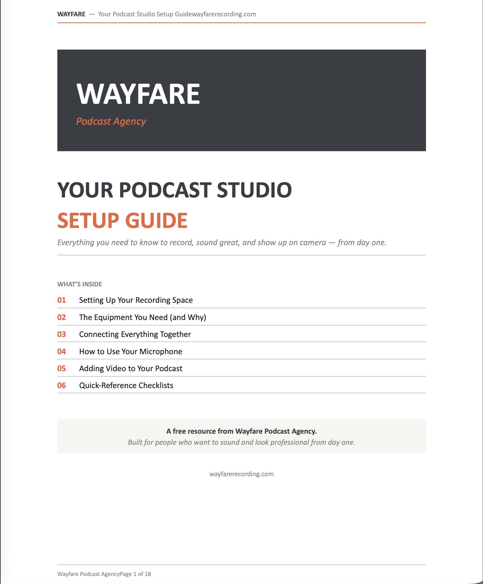 Cover page of a podcast setup guide titled 'Your Podcast Studio Setup Guide' by Wayfare Podcast Agency. It includes a table of contents with topics like setting up a recording space, equipment needed, connecting equipment, microphone use, adding video, and checklists. The page features the Wayfare logo and a brief description of the guide as a free resource for sounding professional in podcasting.