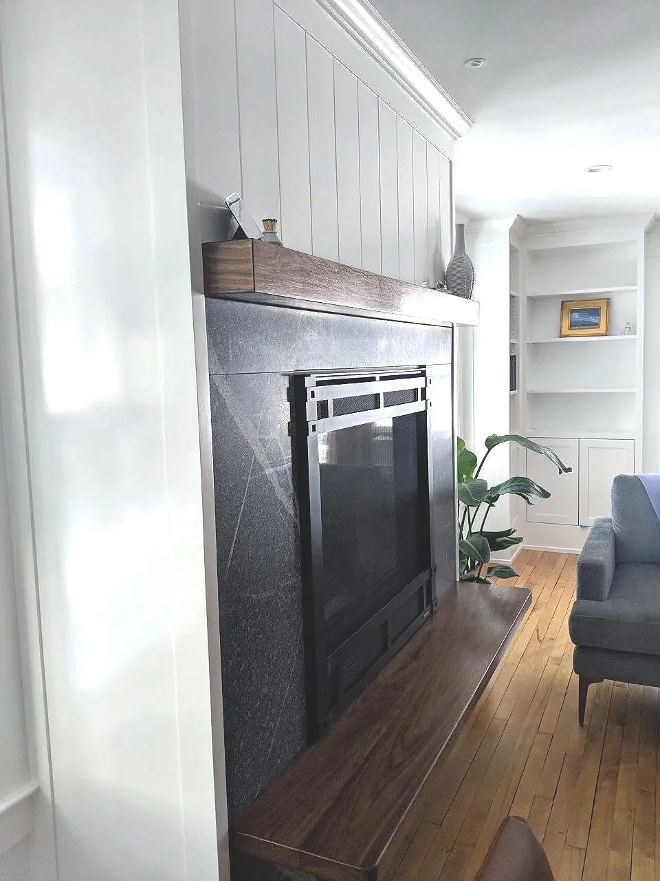 Living room with a fireplace, a gray couch, a potted plant, and built-in white shelves.