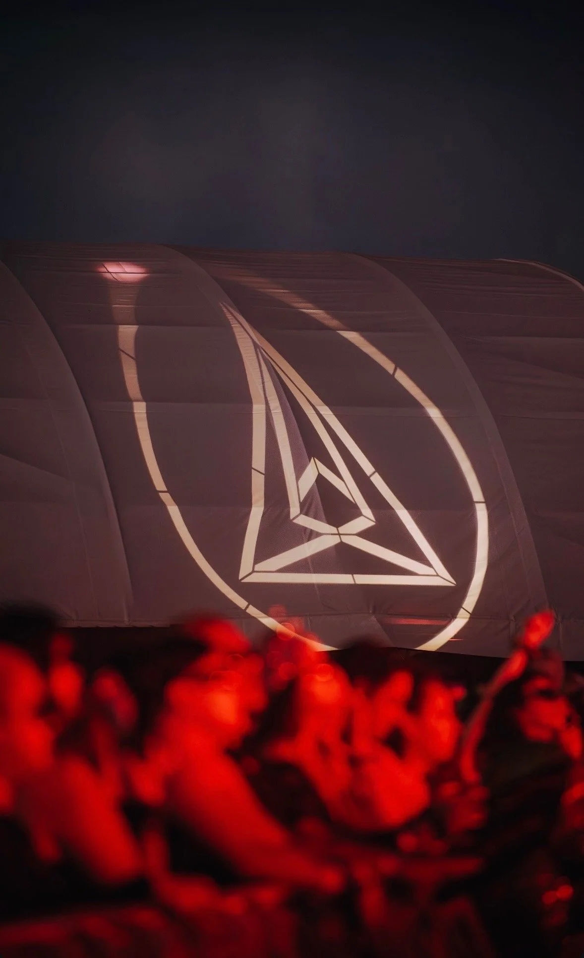 Projection of a geometric design inside a dome with a crowd watching in dark lighting.