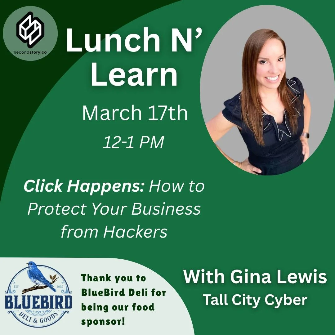Hacked and attacked! 

We are excited to have Gina Lewis with Tall City Cyber speak at our March lunch n' learn! Huge thanks to @bluebird.deli for providing lunch, you guys are the best! 

 #community #businesses #coworkingspace #entrepreneurlifestyl