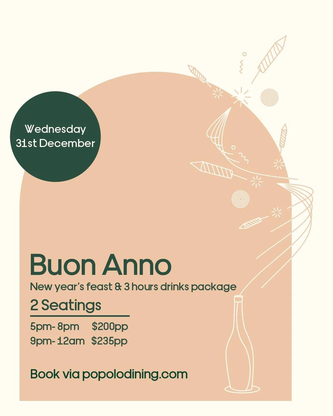 Whether you want great food and drinks before going out on the town, or to settle into a feast while you watch the fireworks, Popolo is where you want to be for New Year's Eve. Let us wish you Buon Anno! as we welcome in 2026 🎆 

Check our What's On
