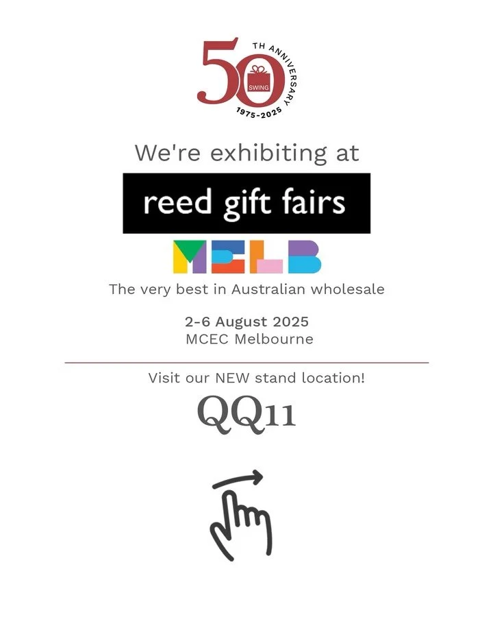 We are exhibiting at Reed Gift Fairs Melbourne, 2-6 August 2025. Visit our NEW location @ Stand QQ11. 

👆Click link in bio or visit our website at 
swinggifts.com.au

@tandsagencies
@swinggifts_nsw
@montageagencies
@pure_homewares
@luxeagencysocial
