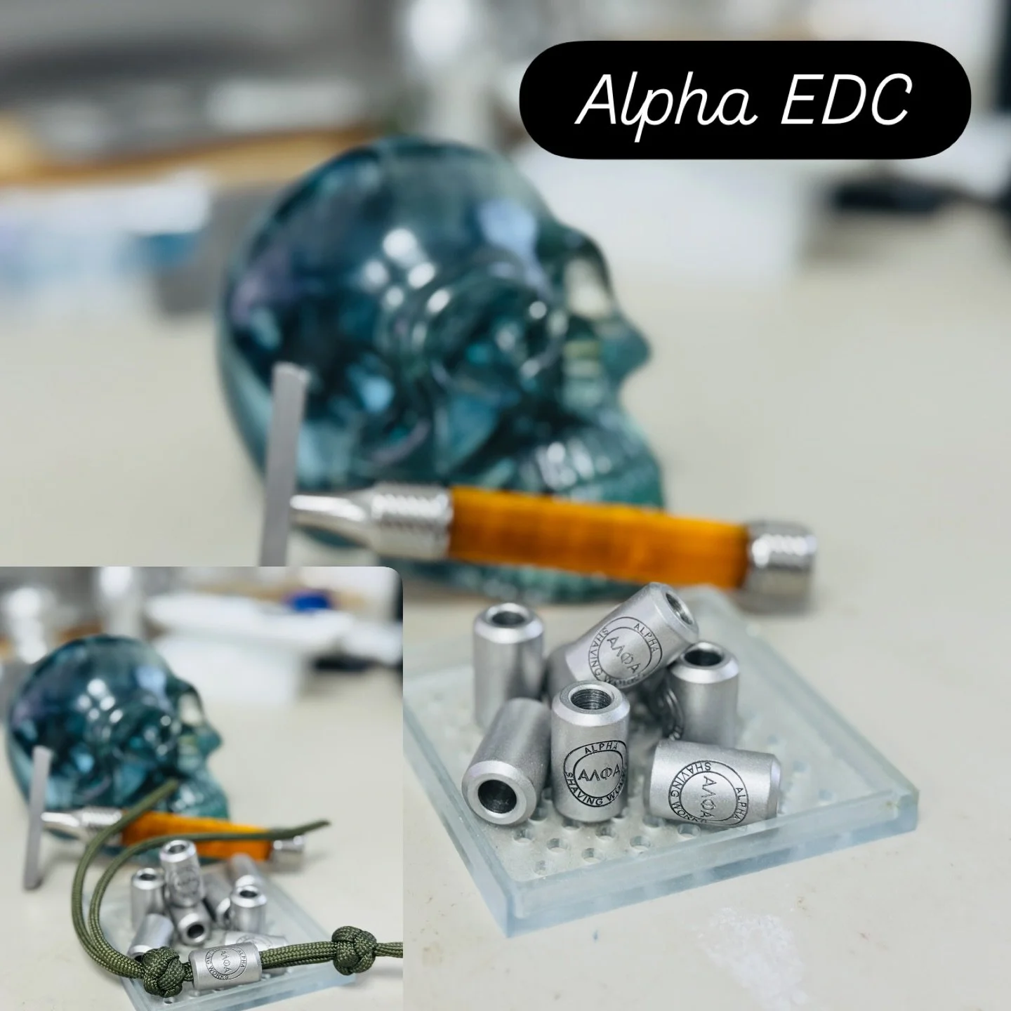 #904L EDC Lanyard Bead. 904L stainless steel- usually reserved for high end watches and jewellery, this perfect little EDC lanyard bead is  CNC machined, engraved with the Alpha Shaving Works  logo and then bead blasted.