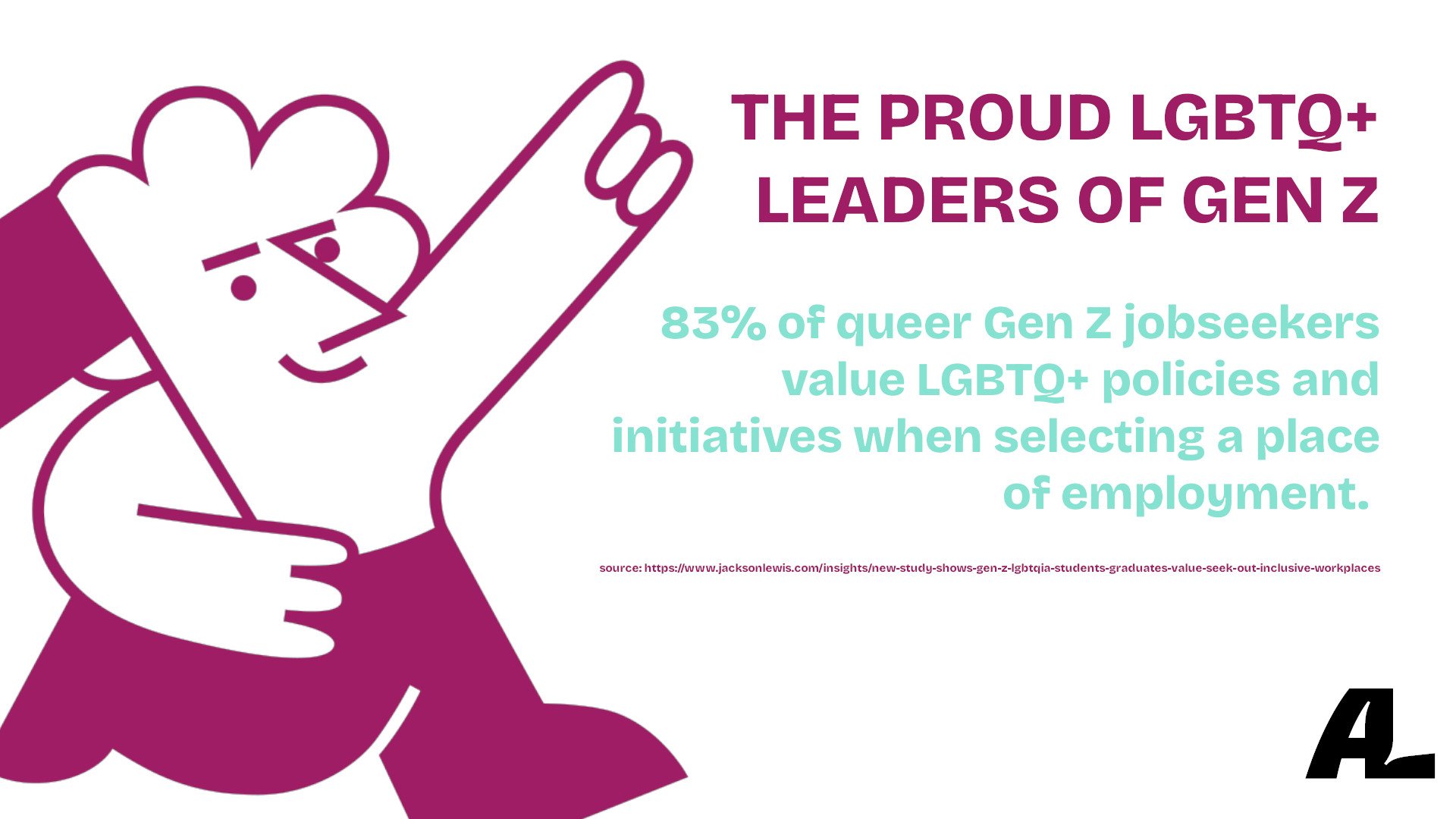 illustration of gen z lgbtq+ professional claiming leadership role, with data point on LGBTQ+ policies