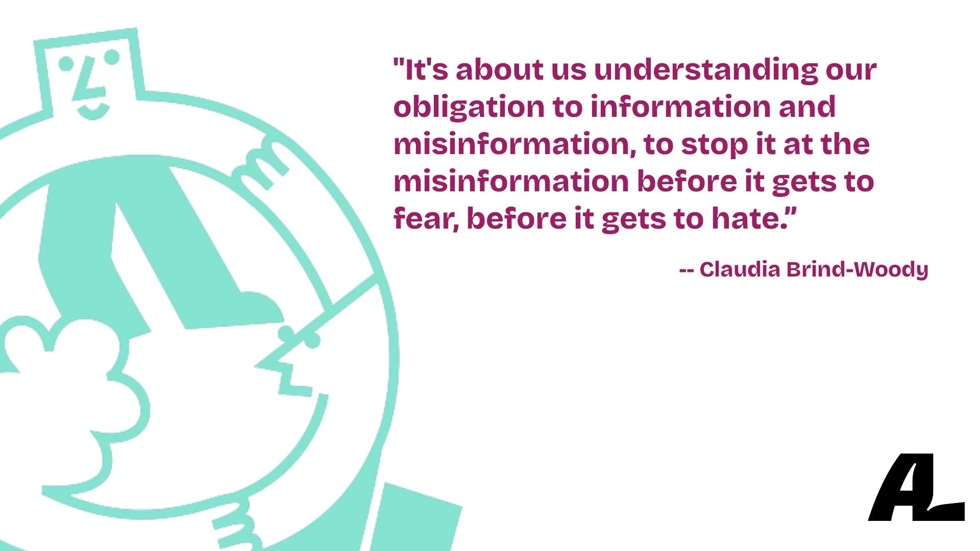 illustration and quote by claudia brind-woody about lgbtq+ leaders' obligation to stop misinformation at work