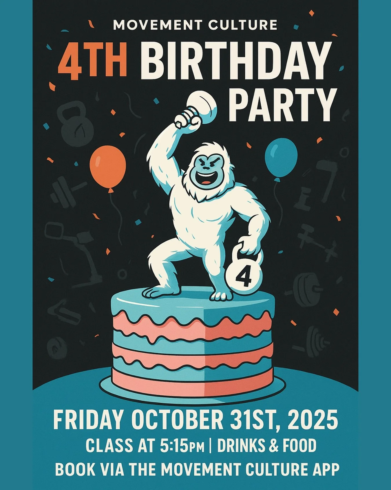 🎂 We’re Turning 4!
 
🎉 Friday 31st October, we’re throwing a little shindig after the evening class (5.15-6pm), so pop in for a tipple and nibble (6-8pm) and celebrate 4 years of sweat, laughs, and community with us 🥂
