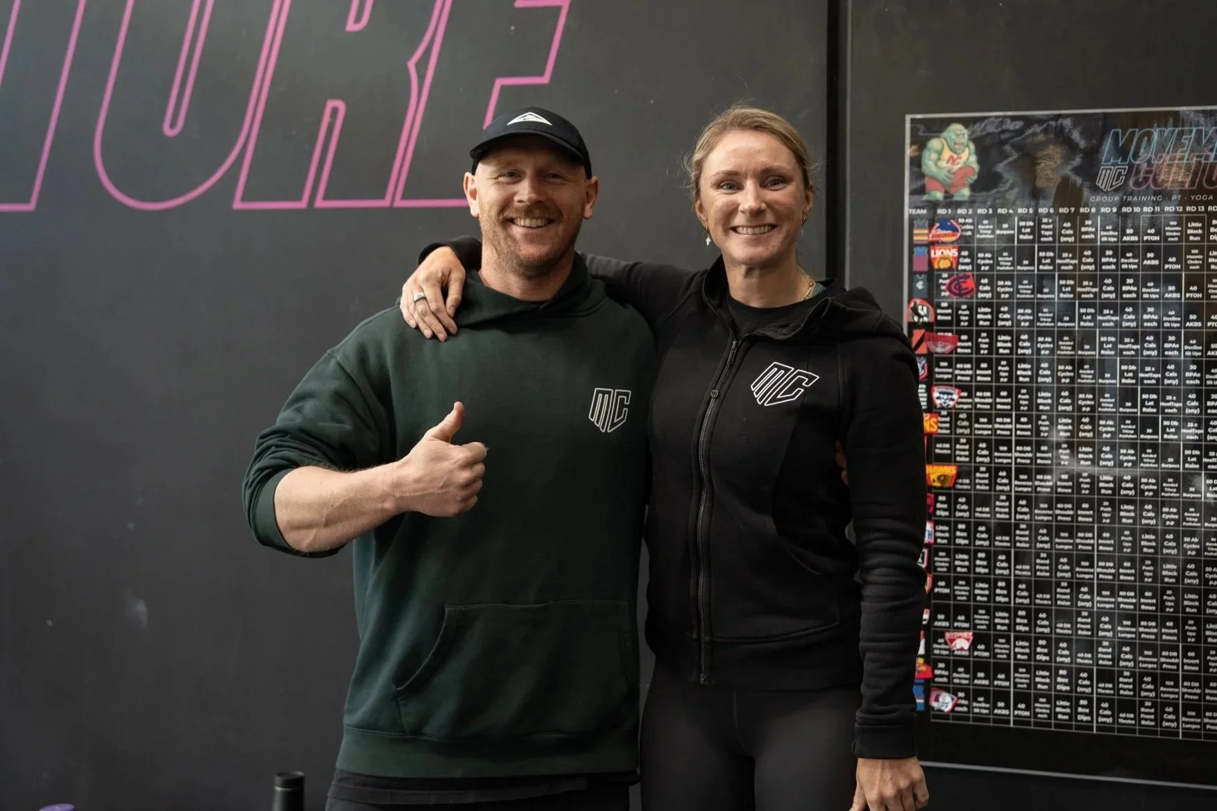 Man flexing bicep muscle while looking at it, wearing a black long-sleeve shirt and a white cap with a Nike logo, standing against a black wall.