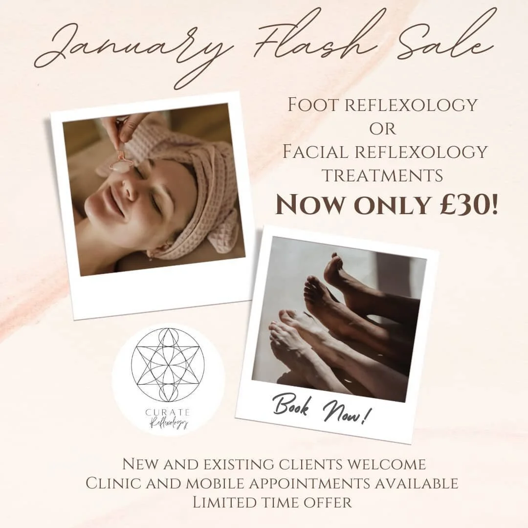 💥January Flash Sale Offer💥

Why not start the new year with some self-care this January to help you feel restored and rebalanced after the party season💆&zwj;♀️🦶

Foot and facial reflexology treatments are now only &pound;30! 

This is a limited t