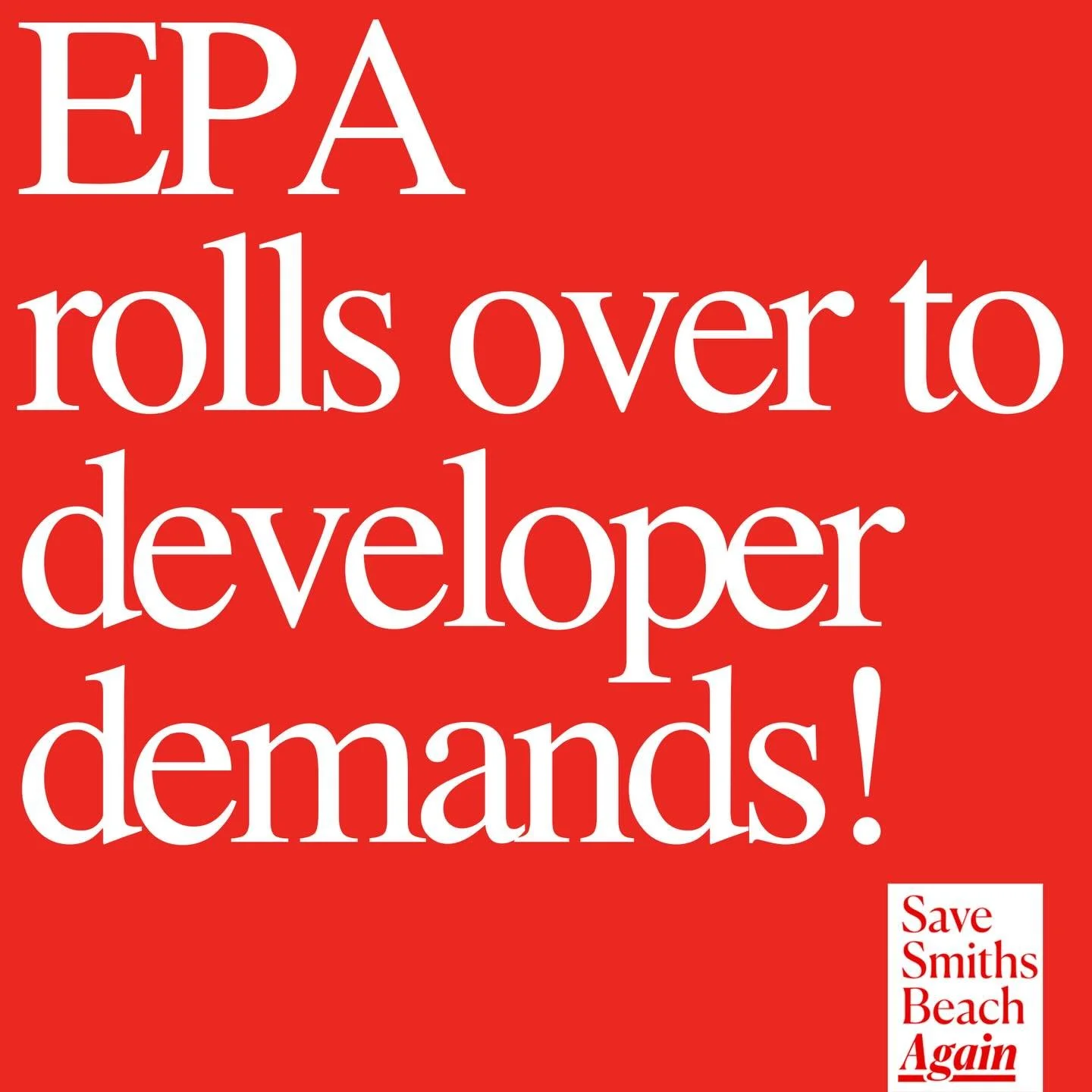 The EPA has decided to adopt the development at Smiths.

It is a dark day for Smiths and the EPA itself.

The body tasked with protecting the environment has green lit the destruction of the Smiths Beach headland and protected national park.

The EPA
