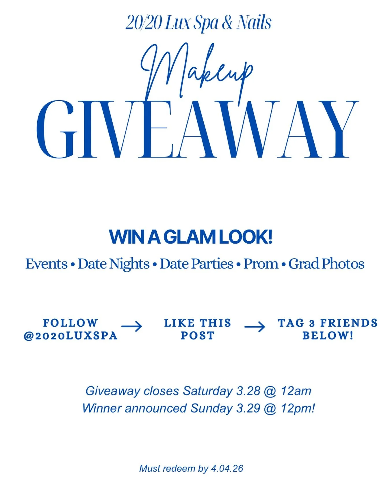 GIVEAWAY TIME!🤍 We are SO excited to announce we are now offering PROFESSIONAL MAKEUP 💙💙 

Win a FREE glam session with us in 3 easy steps !!!
1. Follow us @2020luxspa 
2. Like this post
3. Tag 3 friends

Winner announced this Sunday!!🤍