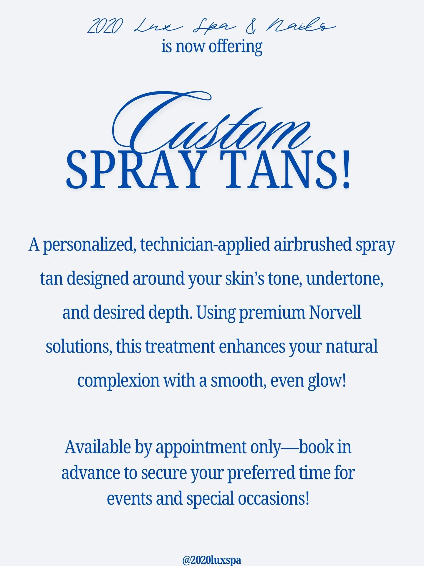 We are so excited to be offering Custom Spray Tans! Appointment only 💙call to book!